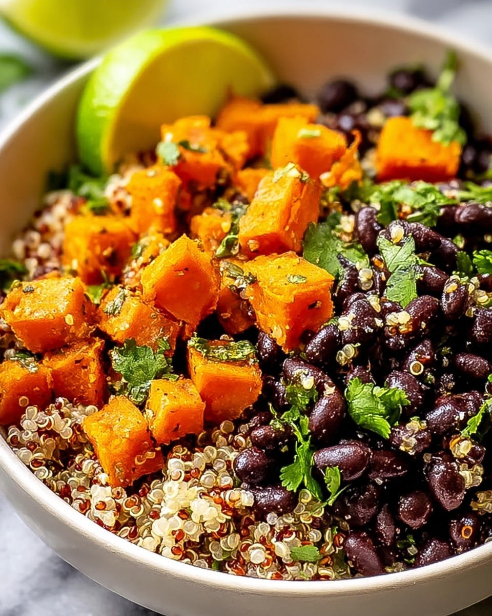 A close-up view of a quinoa salad in a white bowl resting on a white marbled surface, showing three main layers: the base layer of white and red quinoa grains with a slightly fluffy texture, the middle layer of black beans that are smooth and glossy, and the top layer of bright orange roasted sweet potato cubes with a soft, roasted texture mixed with fresh green cilantro leaves sprinkled throughout and a wedge of lime peeking from the side, giving a fresh and colorful look. photo taken with an iphone --ar 4:5 --v 7