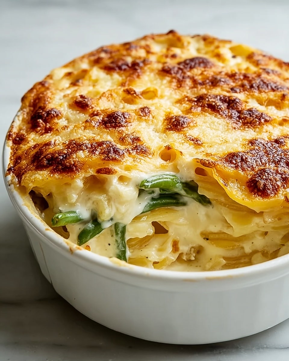A white dish holds a baked layered casserole. The top layer is golden brown with slightly crispy, bubbling cheese and breadcrumb crust. Beneath it is a thick creamy sauce that spills slightly over the edge, showing melted cheese with a smooth texture. Below the sauce, visible green beans lie among layers of yellowish pasta or thin sliced potatoes. The whole dish looks creamy and rich, with the top layer contrasting in crispiness against the soft layers underneath, all set on a white marbled surface. photo taken with an iphone --ar 4:5 --v 7