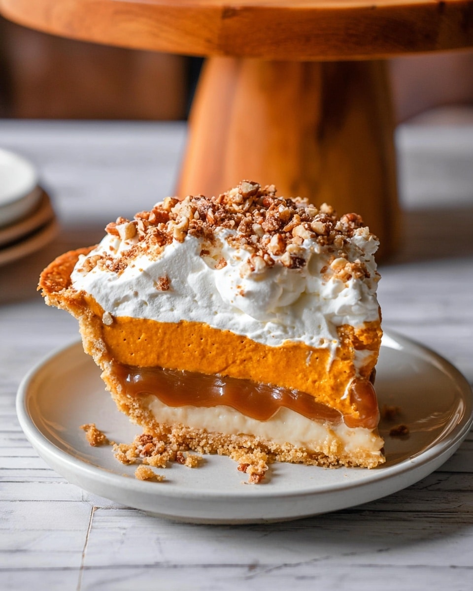 A pie with three visible layers sits in a white ceramic pie dish. The bottom layer is a golden brown crust with a slightly crimped edge, holding a thick, orange filling in the middle. The top layer is a generous, fluffy white whipped cream spread over the filling, with soft swirls creating texture. The pie dish is placed on a round wooden stand with a smooth surface. The background shows a white marbled texture. photo taken with an iphone --ar 4:5 --v 7