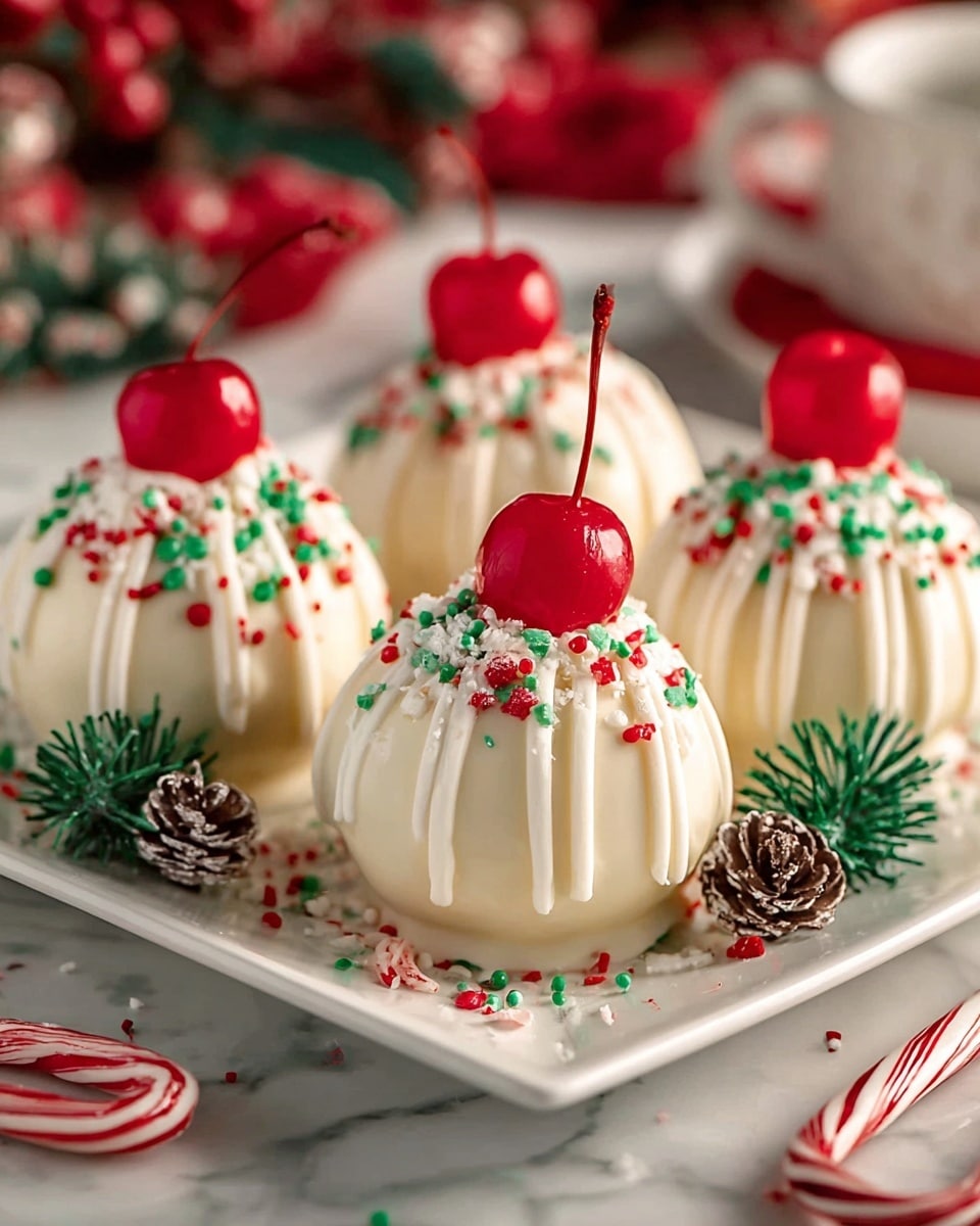 The image shows four round white dessert balls placed on a white square plate. Each ball is coated in smooth white chocolate with light vertical ridges and topped with white frosting that has red and green sprinkles. A shiny red cherry with its stem is placed on top of each dessert. Around the plate are small green pine sprigs, tiny pine cones, and red and white striped candy canes. The setting has a white marbled textured surface with a blurred festive background in red and green colors. photo taken with an iphone --ar 4:5 --v 7