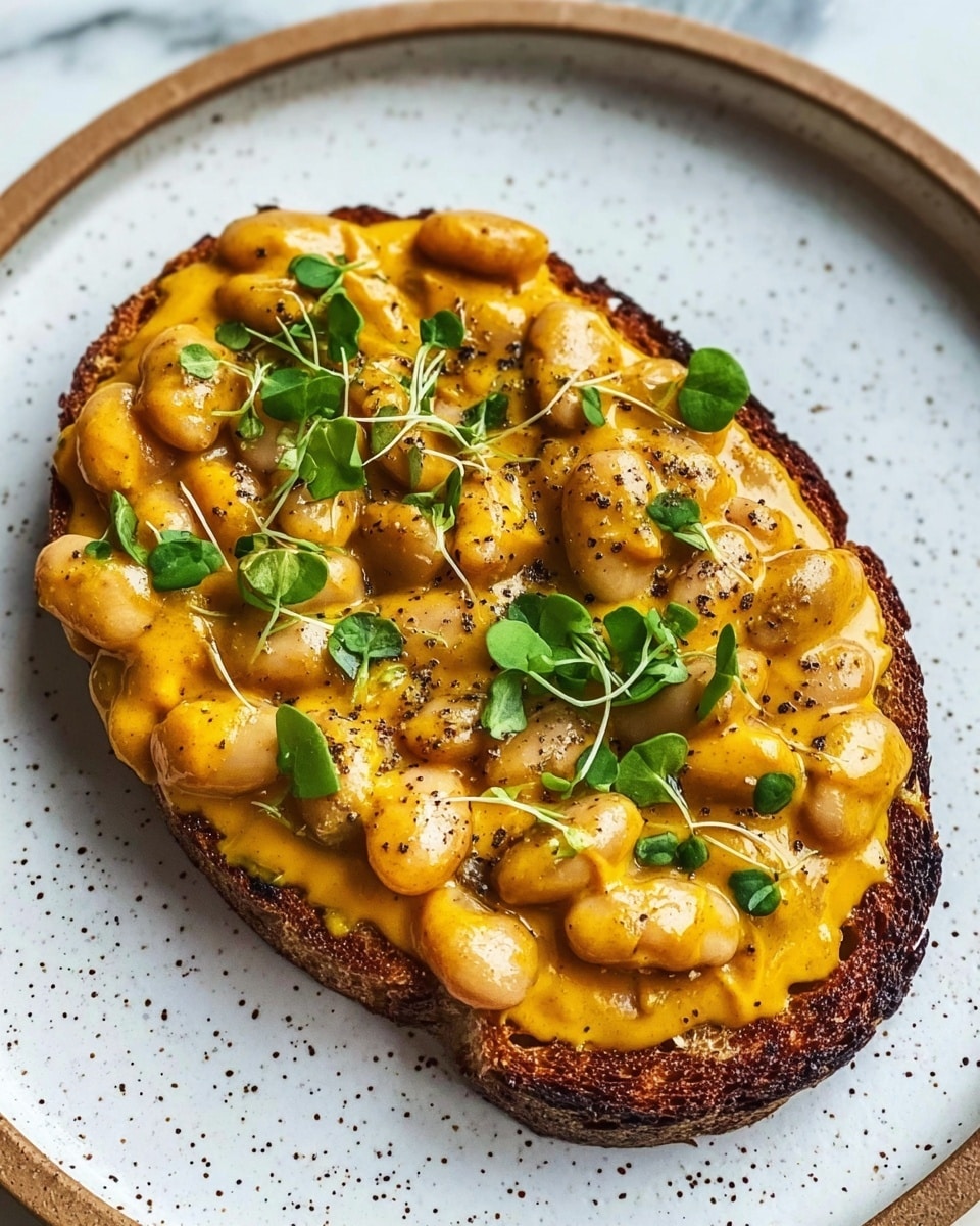 A single piece of toasted bread with a dark brown, crispy surface forms the base layer, topped thickly with creamy, yellow-orange sauce-coated white beans, some beans fully covered and others slightly exposed, sprinkled with small pieces of fresh green herbs and a dusting of black pepper, all presented on a white speckled plate placed on a white marbled texture. photo taken with an iphone --ar 4:5 --v 7