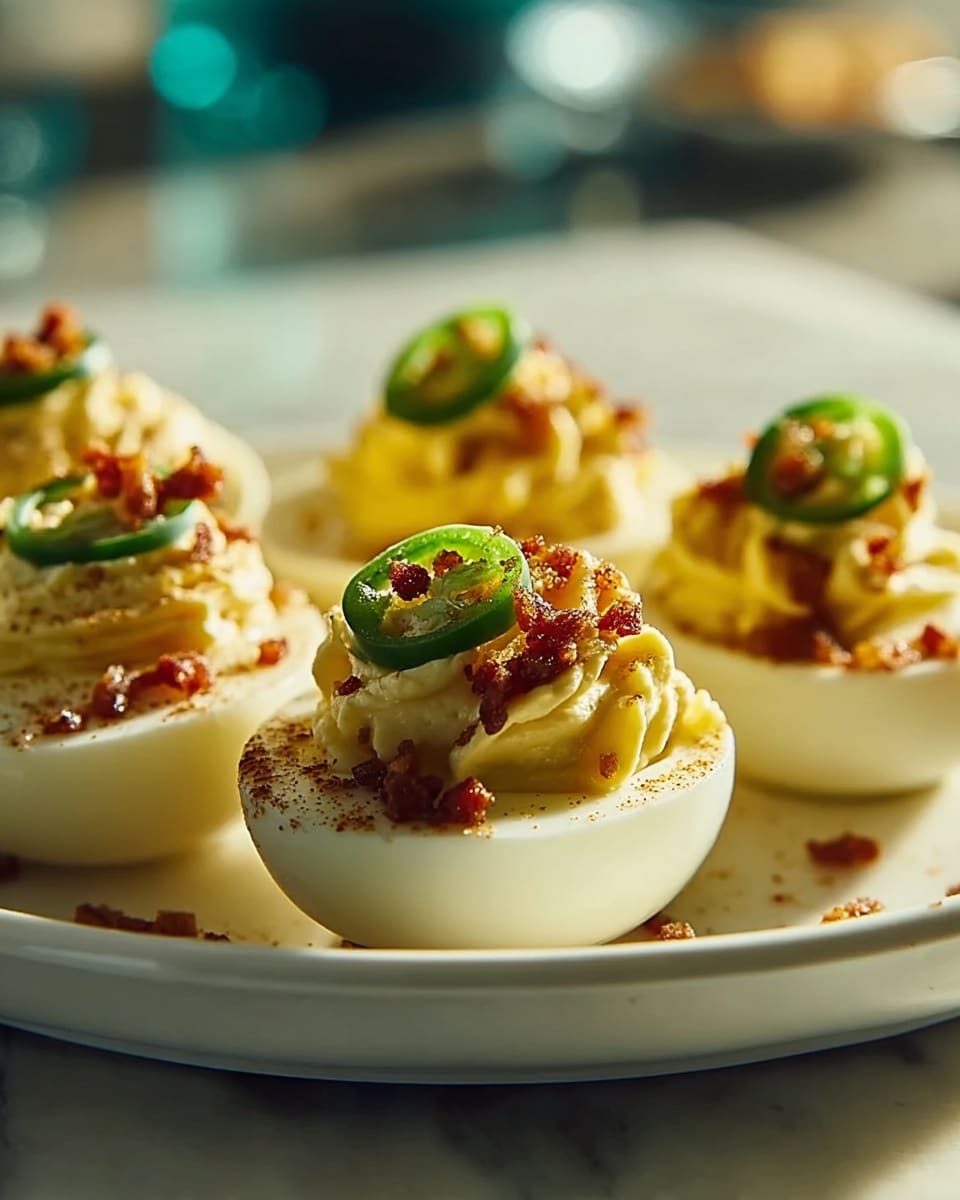 The image shows four deviled eggs placed on a white plate set on a white marbled surface. Each egg is halved and filled with a creamy, pale yellow mixture that is slightly swirled on top. Small crispy brown bacon bits are sprinkled over the filling, adding texture and color. A thin green slice of jalapeño pepper tops each deviled egg, providing a pop of green against the creamy filling and egg whites. The background is softly blurred with warm lighting, highlighting the eggs in the foreground. photo taken with an iphone --ar 4:5 --v 7