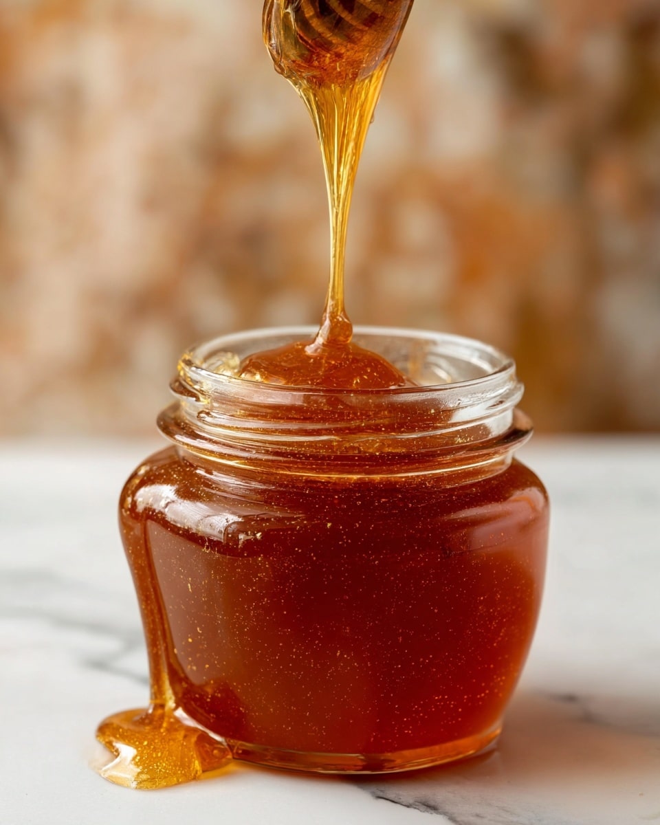 A small clear glass jar filled with thick, golden-brown honey that looks glossy and smooth. Honey flows in a thick stream from above into the jar, creating a gentle swirl on the top surface. The jar sits on a white marbled surface with a bit of honey dripping on the side of the jar, showing its sticky texture. The background is softly blurred with warm brown and cream tones. photo taken with an iphone --ar 4:5 --v 7