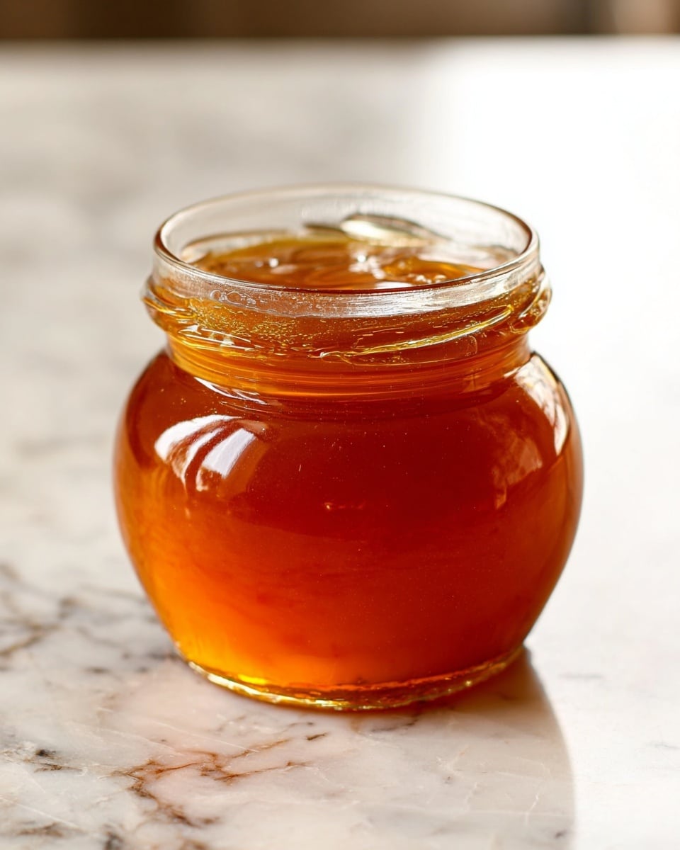 A small round glass jar filled with smooth, glossy, golden brown honey, showing thick texture and a gentle swirl on the surface. The jar is placed on a white marbled countertop, reflecting warm light that highlights the honey's rich amber color and clear glass. The background is softly blurred, focusing attention on the jar without any other objects in view. photo taken with an iphone --ar 4:5 --v 7
