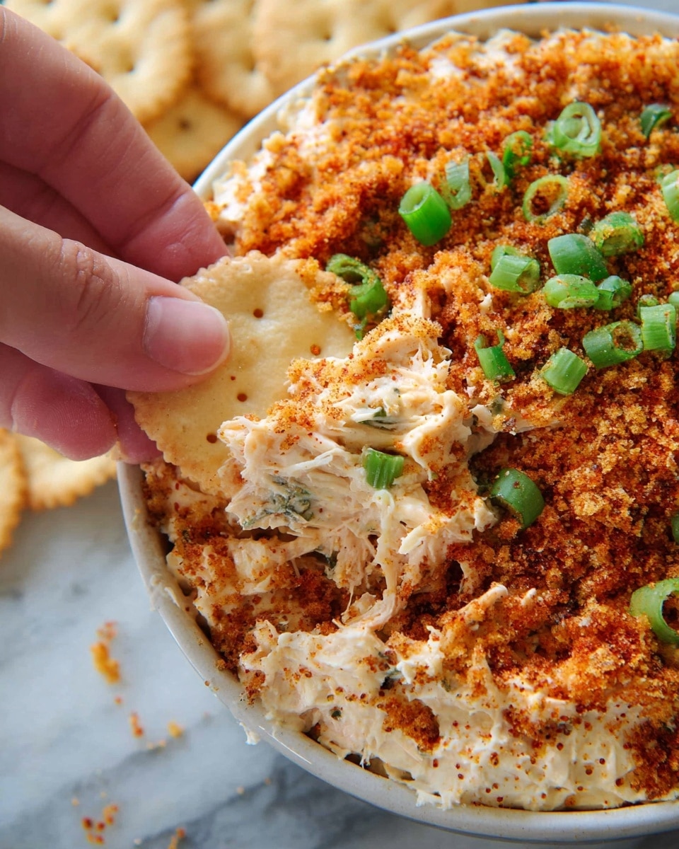 A close-up image shows a white bowl filled with a creamy shredded chicken dip layered at the bottom. The dip is topped with a thick layer of coarse orange-red seasoning sprinkled with chopped green onions. A person's fingers are dipping a light beige cracker into the creamy chicken mixture, lifting some of the dip with the seasoning clinging to the surface. The background surface is a white marbled texture with some more crackers visible. Photo taken with an iphone --ar 4:5 --v 7