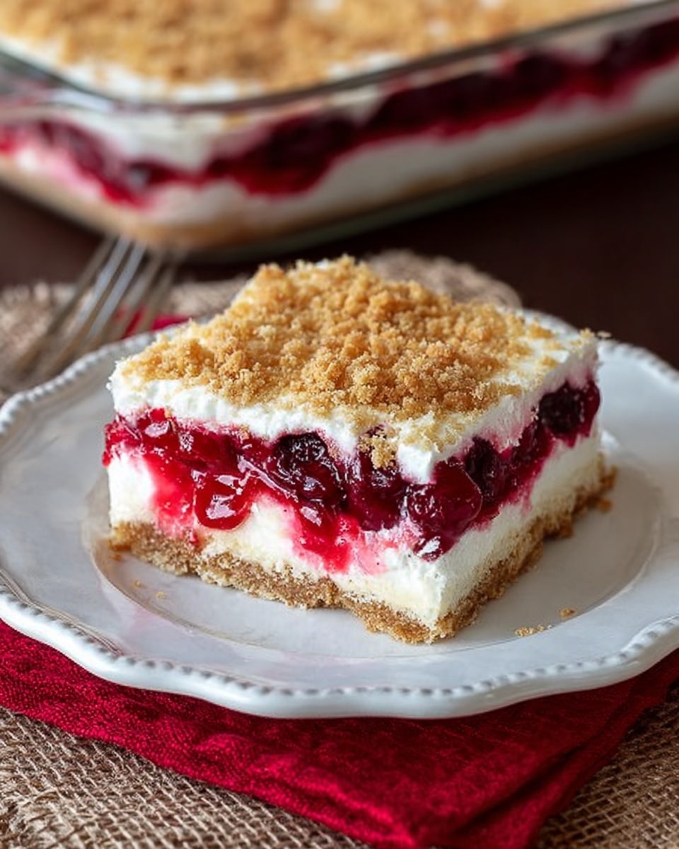 A square piece of cherry dessert is placed on a white plate with scalloped edges, sitting on a brown burlap cloth with a red cloth underneath. The dessert has four layers: the bottom layer is a light brown crumbly crust, followed by a white creamy layer. Above this is a bright red cherry filling with visible whole cherries and syrup, topped again by a thick white creamy layer. The very top is sprinkled with a golden brown crumb topping. In the background, the rest of the dessert is visible in a clear glass dish on a white marbled surface, with a fork resting beside the plate. photo taken with an iphone --ar 4:5 --v 7