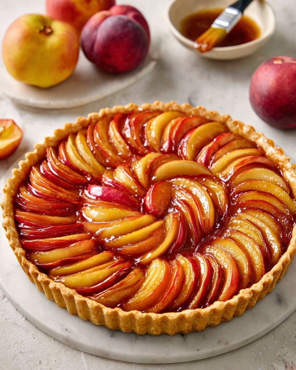 This image shows a round fruit tart with three main visible layers. The bottom crust layer is golden brown and flaky, forming a scalloped edge around the tart. On top of the crust, thinly sliced fruit pieces are tightly arranged in overlapping, curved rows that create a swirling pattern filling the whole tart. The fruit slices have different colors, from pale yellow to deep red, showing a glossy, slightly caramelized texture. In the background, some whole fruits and a small bowl with a brush dipped in shiny glaze are visible on a white marbled texture. photo taken with an iphone --ar 4:5 --v 7