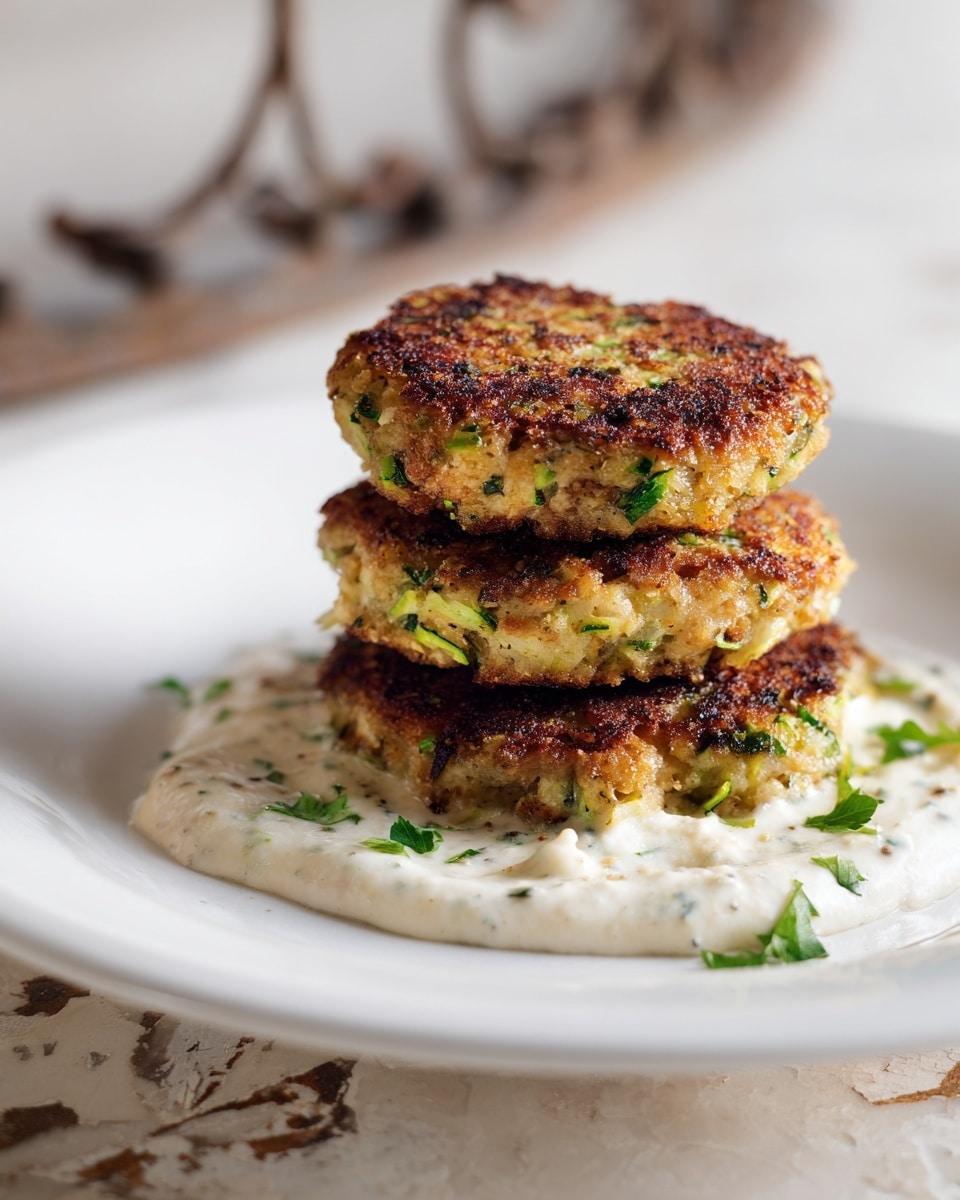 Three round, thick fritters with a golden-brown crust and visible bits of green herbs and small pieces of vegetables are placed close together on a simple white plate. To the right side of the fritters is a dollop of white creamy sauce with a smooth texture. The plate is set on a surface with a white marbled texture. photo taken with an iphone --ar 4:5 --v 7