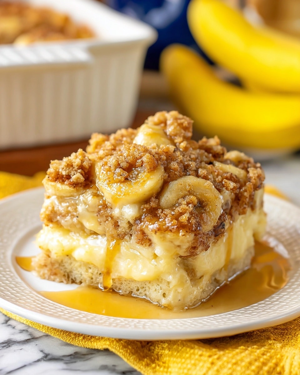 A close-up view of a white baking dish filled with a banana bread pudding topped with a crumbly golden brown streusel. The top layer shows uneven clusters of crumb topping mixed with banana slices, which are light yellow with a touch of brown in the center. Below, slightly visible pieces of golden toasted bread are embedded in the moist pudding. The dish is placed on a white marbled surface with a bright yellow cloth partly seen nearby. Photo taken with an iphone --ar 4:5 --v 7