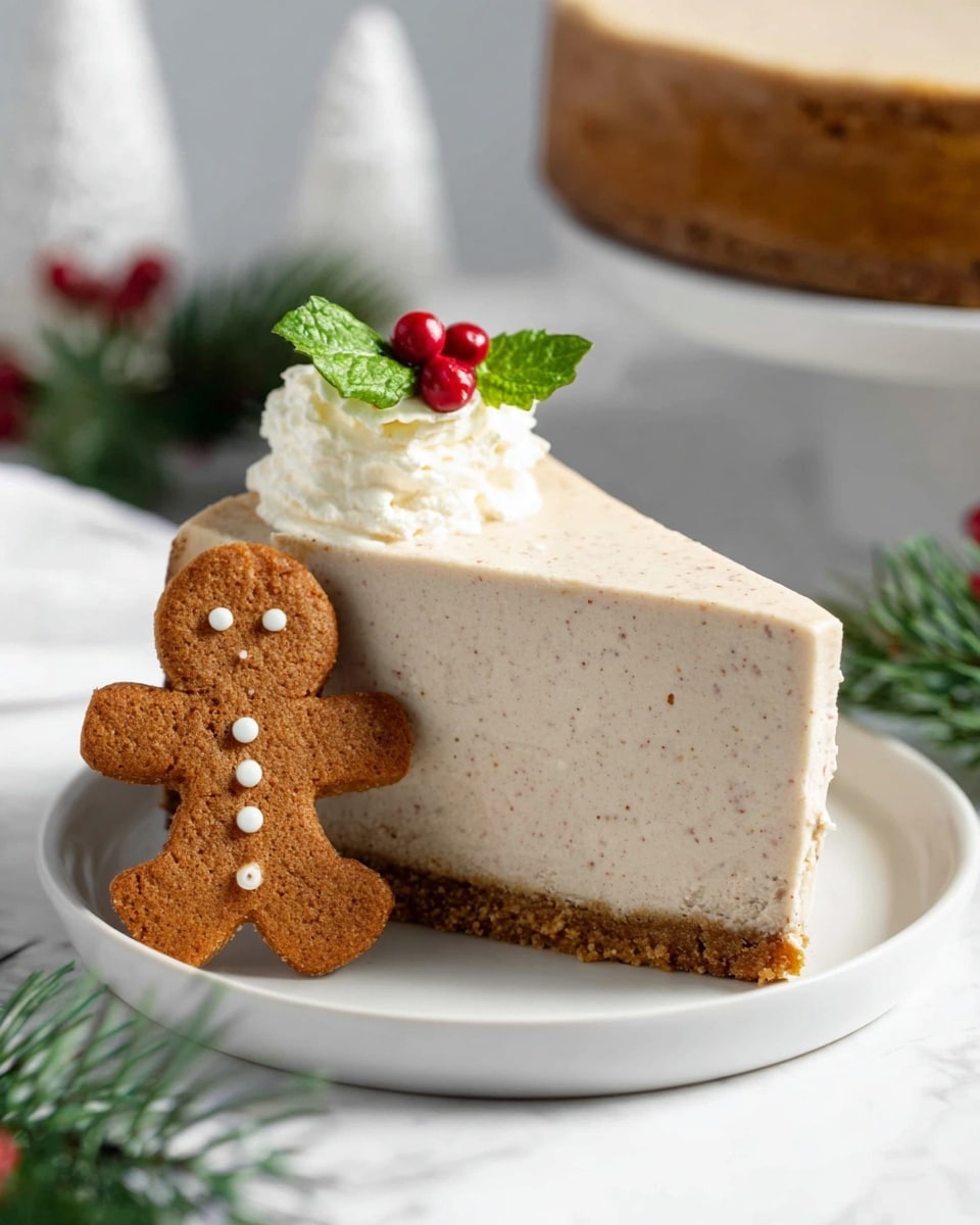 A single slice of creamy light beige cheesecake with tiny specks is placed on a white round plate, showing its thick smooth filling and a firm medium brown crumb crust at the bottom and side. Beside the cheesecake slice, on the plate's left edge, sits a small gingerbread man cookie with white icing for facial features and buttons. Behind the cookie, there is a dollop of white whipped cream topped with a bright red berry and green fresh mint leaves, adding festive color. The background features soft-focus elements like another slice of cheesecake on a white dish and some green pine branches on a white marbled surface. Photo taken with an iphone --ar 4:5 --v 7