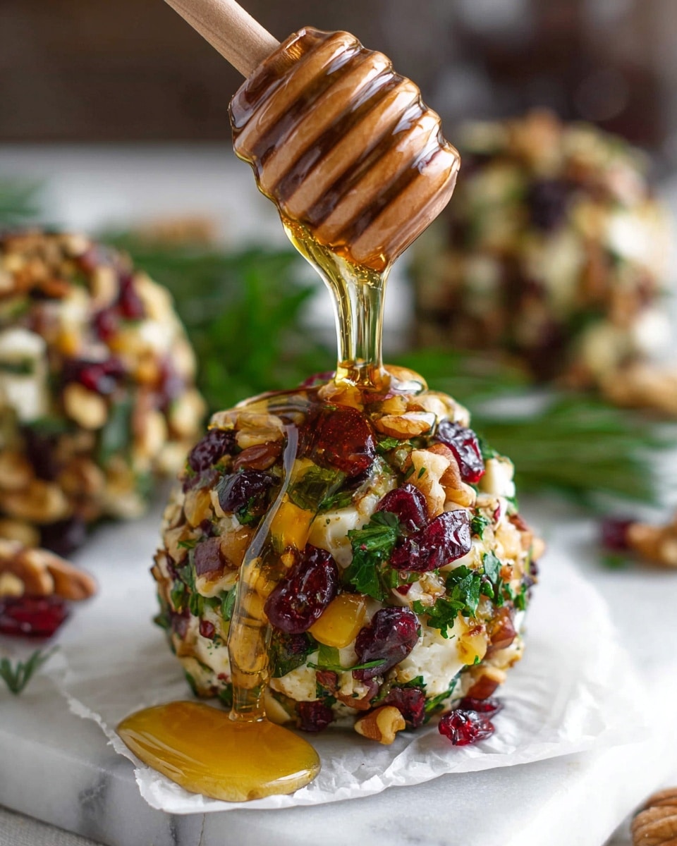 A round ball-shaped cheese covered with a mixed layer of chopped green herbs, dried red cranberries, golden nuts, and small pieces of light yellow cheese, sitting on a piece of white parchment paper on a white marbled surface. A wooden honey dipper above the ball is dripping golden honey onto the top, with the honey slowly running down the sides. In the soft blurred background, there are more of these cheese balls and some green leafy herbs. Photo taken with an iphone --ar 4:5 --v 7