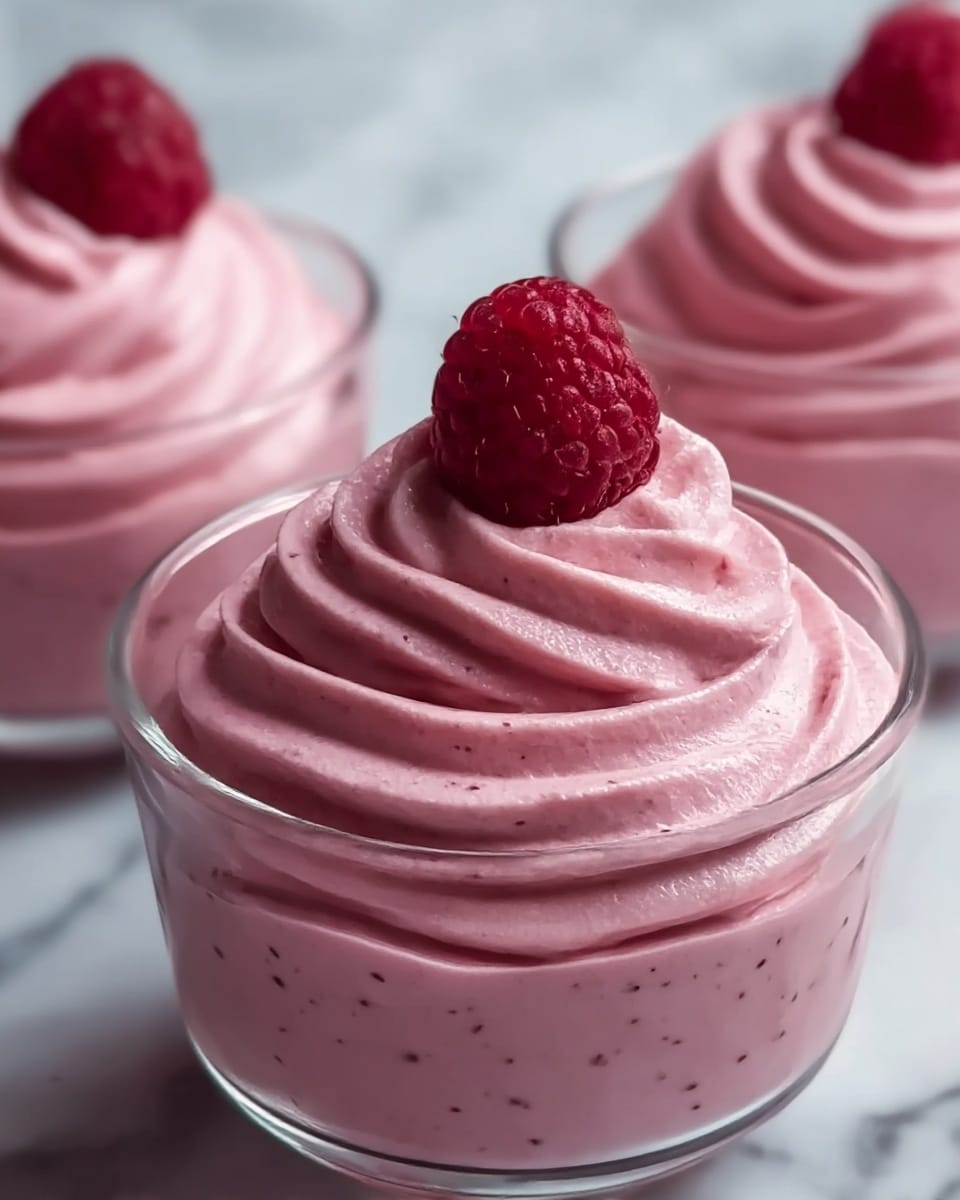 A clear glass cup filled with three smooth swirled layers of light pink mousse with a creamy texture, topped with a single fresh raspberry sitting on the peak of the swirl. In the background, there are two more identical cups of mousse slightly out of focus, all placed on a white marbled surface. The mousse looks soft and fluffy, with small dark specks visible inside. Photo taken with an iphone --ar 4:5 --v 7