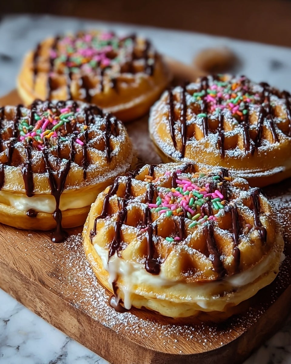 Four round waffles sit on a wooden board, each waffle made of two golden-brown layers with creamy white filling visible and slightly dripping from the sides. The top surface of each waffle is decorated with thin drizzles of dark chocolate sauce and scattered colorful sprinkles in pink, green, yellow, and orange. A light dusting of white powdered sugar covers the waffles, adding a soft texture contrast. The background has a warm, cozy feel, with the wooden board resting on a white marbled surface. Photo taken with an iphone --ar 4:5 --v 7