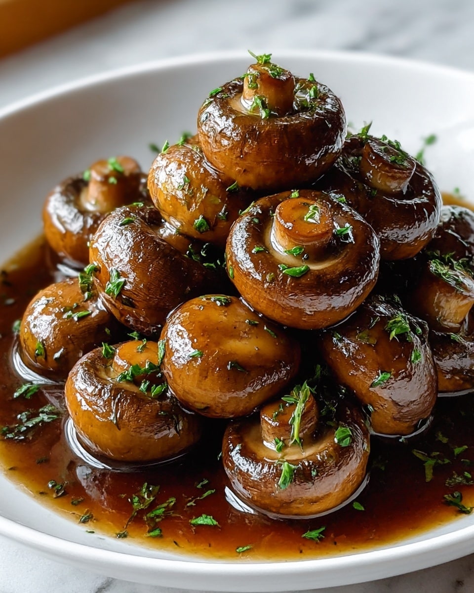 The image shows a white bowl filled with cooked whole brown mushrooms, stacked in a small pile. The mushrooms have a shiny, glazed surface with a rich brown color and are covered with small pieces of green herbs scattered on top and around them. Around the mushrooms is a dark brown sauce that pools at the bottom of the bowl, adding a glossy texture to the dish. The bowl sits on a white marbled textured surface, giving a clean and bright background. Photo taken with an iphone --ar 4:5 --v 7