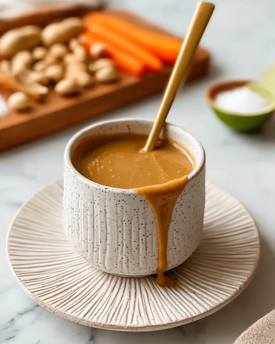 A small speckled white ceramic cup filled with smooth, light brown peanut butter that slightly overflows and drips down the side, placed on a matching white ceramic saucer with raised, textured radial lines. A metallic golden spoon is standing inside the cup, angled to the left. In the blurred background, there is a wooden board with peanuts, carrot sticks, coarse salt, and a lime half on a white marbled surface. Photo taken with an iphone --ar 4:5 --v 7