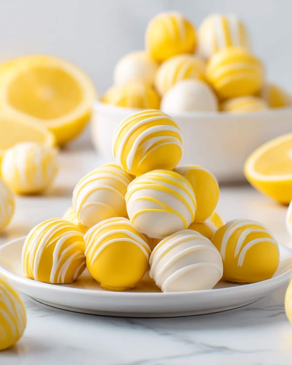 A white plate holds a pyramid stack of smooth, round truffles with two layer colors: bright yellow and white. Each truffle is topped with thin, wavy stripes of contrasting drizzle—yellow drizzle on the white truffles and white drizzle on the yellow truffles—giving a striped textured look. Behind the plate, more truffles are shown out of focus in a white bowl and scattered on a white marbled surface. Bright whole and halved lemons add a fresh yellow accent in the blurred background. The lighting is soft and bright, highlighting the shiny surface of the truffles. Photo taken with an iphone --ar 4:5 --v 7
