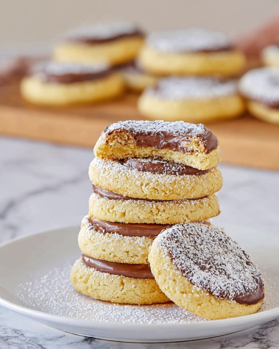 The image shows a stack of seven cookies on a white plate, each cookie having a golden-yellow base with a slightly crumbly texture. On top of each cookie is a round, smooth brown layer of chocolate spread, and a light dusting of white powdered sugar covers the cookies, adding a delicate touch. The top cookie in the stack is broken in half, revealing its soft inside with the chocolate slightly melting over the edge. In the background, there is a wooden board with three more cookies blurred out, all sitting on a white marbled surface. Photo taken with an iphone --ar 4:5 --v 7