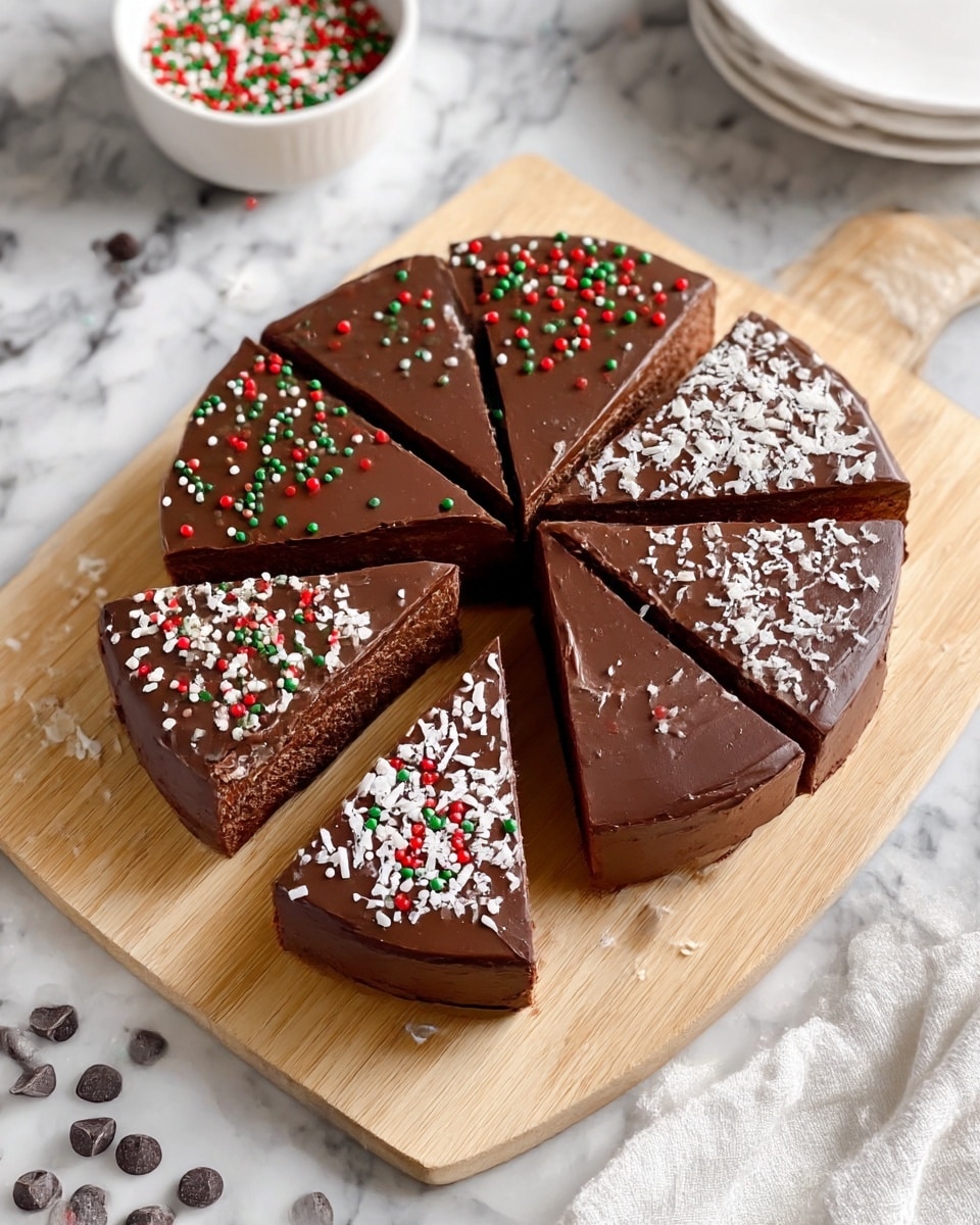 A round chocolate cake is placed on a light wooden cutting board on a white marbled texture surface. The cake has one smooth layer of dark chocolate frosting on top, with a glossy and slightly textured finish. It is cut into seven slices, with two smaller slices and five larger ones. The top of the cake is decorated with small round sprinkles in red, green, and white colors, scattered alongside white shredded coconut flakes and dark chocolate chips, mostly covering some slices and the edges. Around the board, some loose sprinkles and chocolate chips are scattered, and a white cloth is draped to the side. In the background, a white bowl with more colorful sprinkles is partially visible. photo taken with an iphone --ar 4:5 --v 7