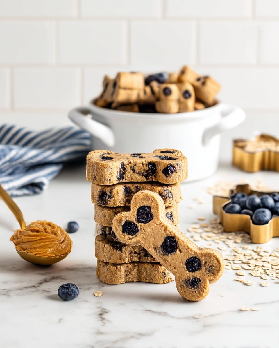 A stack of eight light brown bone-shaped treats embedded with dark blueberries sits on a white marbled surface. One treat leans in front of the stack, showing its shape and blueberry details. Behind the stack is a white bowl with handles, filled with more of the blueberry treats. To the right, there is a small pile of loose blueberries and a wooden spoon filled with oats. To the left, a golden spoon holds a scoop of peanut butter, next to a folded blue and white striped cloth and a bone-shaped cookie cutter. The background is a clean white tiled wall. photo taken with an iphone --ar 4:5 --v 7