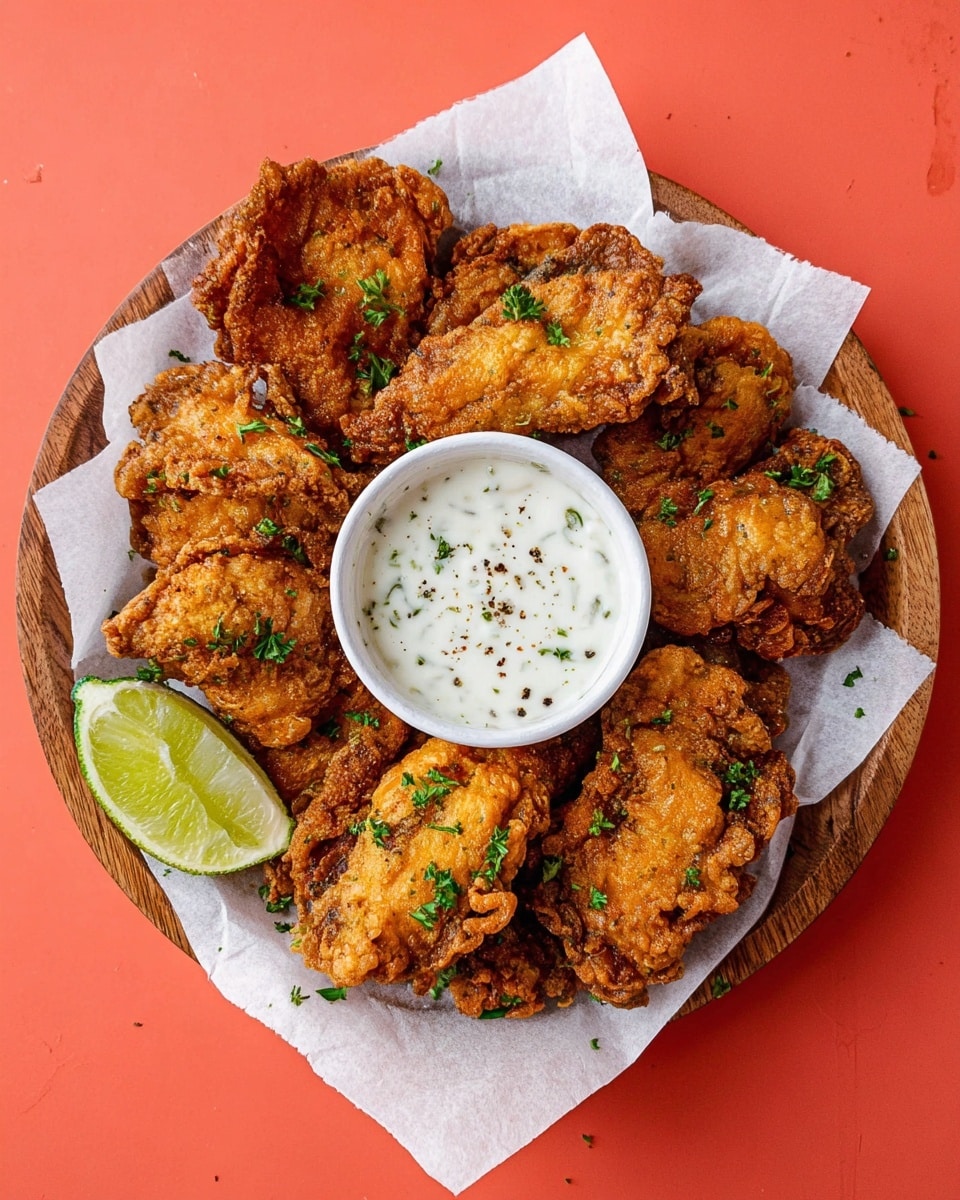A round wooden plate lined with white parchment paper holds several pieces of golden-brown fried chicken with a crispy texture, scattered with small green parsley leaves. In the middle of the plate, there is a small white cup filled with a creamy white dipping sauce, also garnished with a few parsley bits and black pepper flakes. A fresh lime wedge with a bright green color sits on the bottom left side of the plate. The whole scene is set against a clean white marbled background. photo taken with an iphone --ar 4:5 --v 7