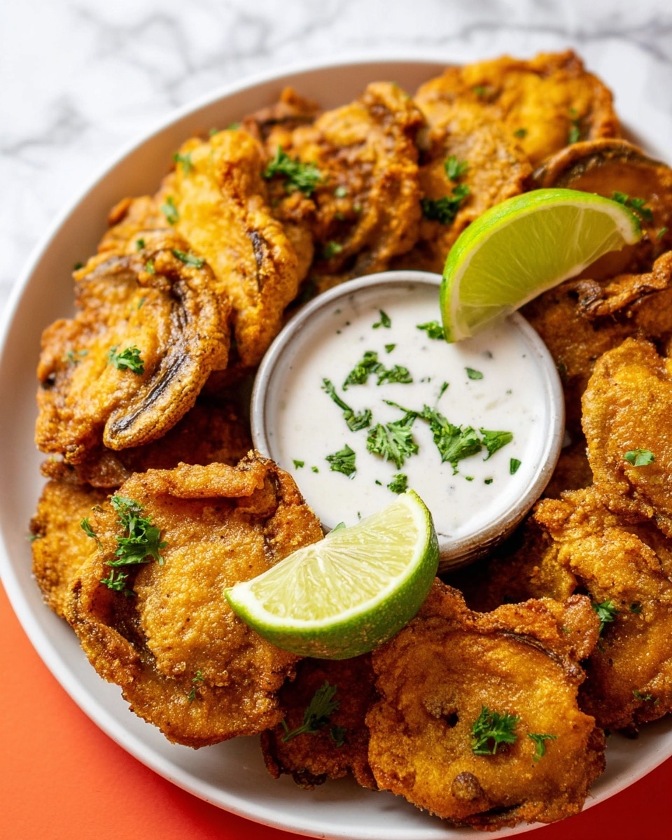 The image shows a white plate filled with several golden-brown crispy fried mushrooms arranged around a small round bowl of white creamy dipping sauce garnished with small green parsley leaves. The fried mushrooms have a rough, crunchy texture with some darker browned spots. A fresh lime wedge with a bright yellow-green color sits on the edge of the plate. The mushrooms and sauce rest on a white marbled surface, enhancing the warm colors of the dish. photo taken with an iphone --ar 4:5 --v 7