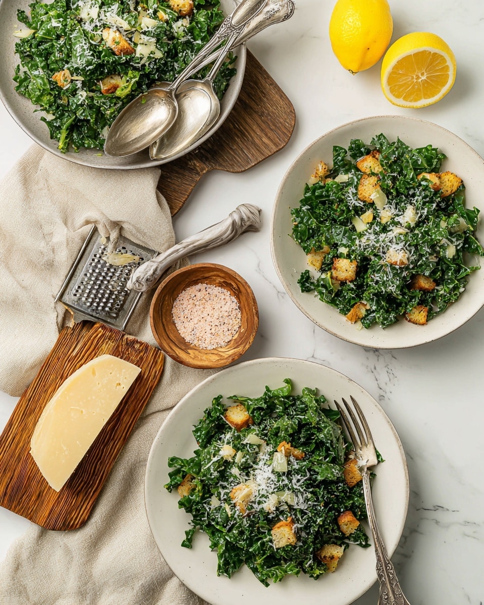 The image shows three white dishes filled with a fresh kale salad. The salad has three layers: dark green kale leaves as the base, golden brown croutons scattered on top, and a light sprinkle of white grated cheese covering the salad evenly. The dishes have different shapes: two round plates and one oval plate with vintage silver serving utensils resting in it. On the side, there's a wooden cutting board holding a block of pale yellow cheese and a bright yellow lemon, with a metal grater leaning on the board. Additionally, a small wooden bowl filled with pink and black seasoning is placed near a beige cloth on a white marbled surface. photo taken with an iphone --ar 4:5 --v 7