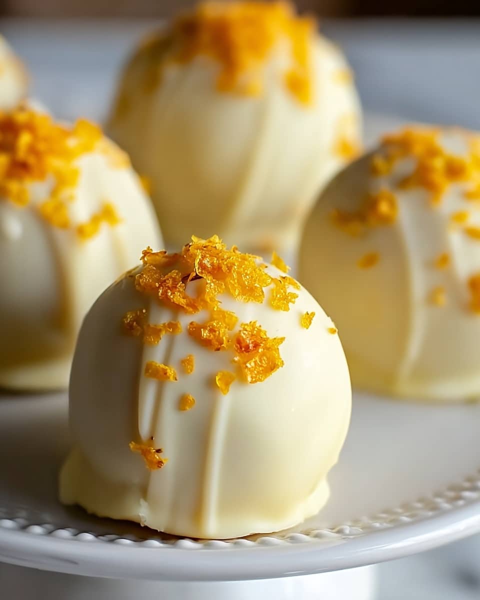 The image shows a close-up of four round dessert balls coated in smooth, pale yellow white chocolate, each topped with small, bright orange zest pieces that add texture and color contrast. They are arranged on a white plate with a decorative edge against a white marbled surface, showing a soft focus on the background sweets for depth. The front dessert ball is centered and fills most of the frame, highlighting its creamy texture and vibrant zest topping. photo taken with an iphone --ar 4:5 --v 7
