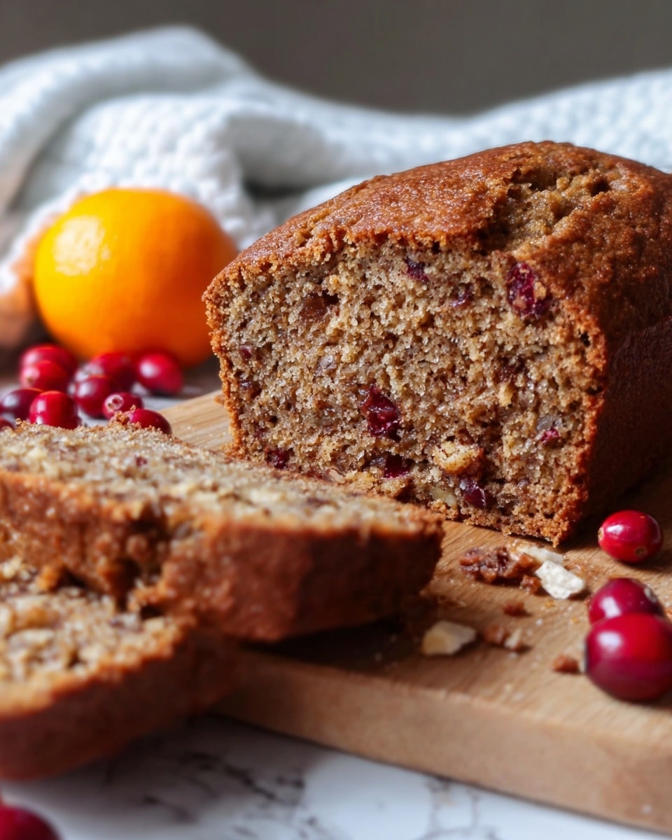 A close-up image shows a loaf of brown banana bread with small pieces of nuts or fruit inside, sliced to reveal its moist and textured inside. The bread is placed on a wooden cutting board with crumbs scattered around. To the left, there is a bright orange and a few shiny red cranberries adding color contrast. The background features a soft, blurred white fabric and the surface has a white marbled texture. Photo taken with an iphone --ar 4:5 --v 7