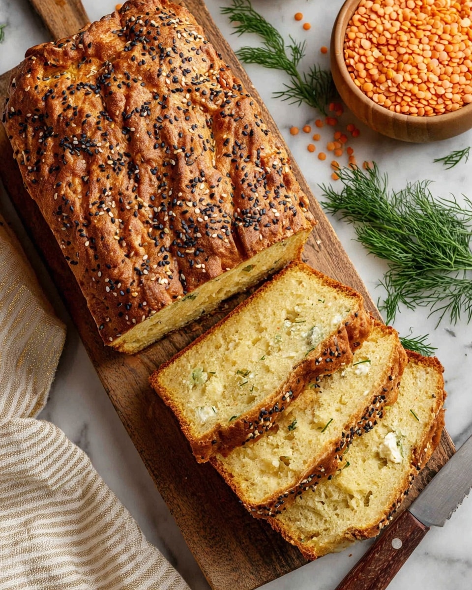 A loaf of golden brown bread topped with black and white sesame seeds is placed on a wooden cutting board. The bread has a rough, thick crust with textured ridges, and four slices have been cut, showing a soft, light yellow inside with small bits of herbs or cheese visible throughout. To the right, a knife with a wooden handle rests next to green dill sprigs and a wooden bowl filled with orange lentils. The background features a white marbled surface with a beige striped cloth partially visible on the left side. Photo taken with an iphone --ar 4:5 --v 7