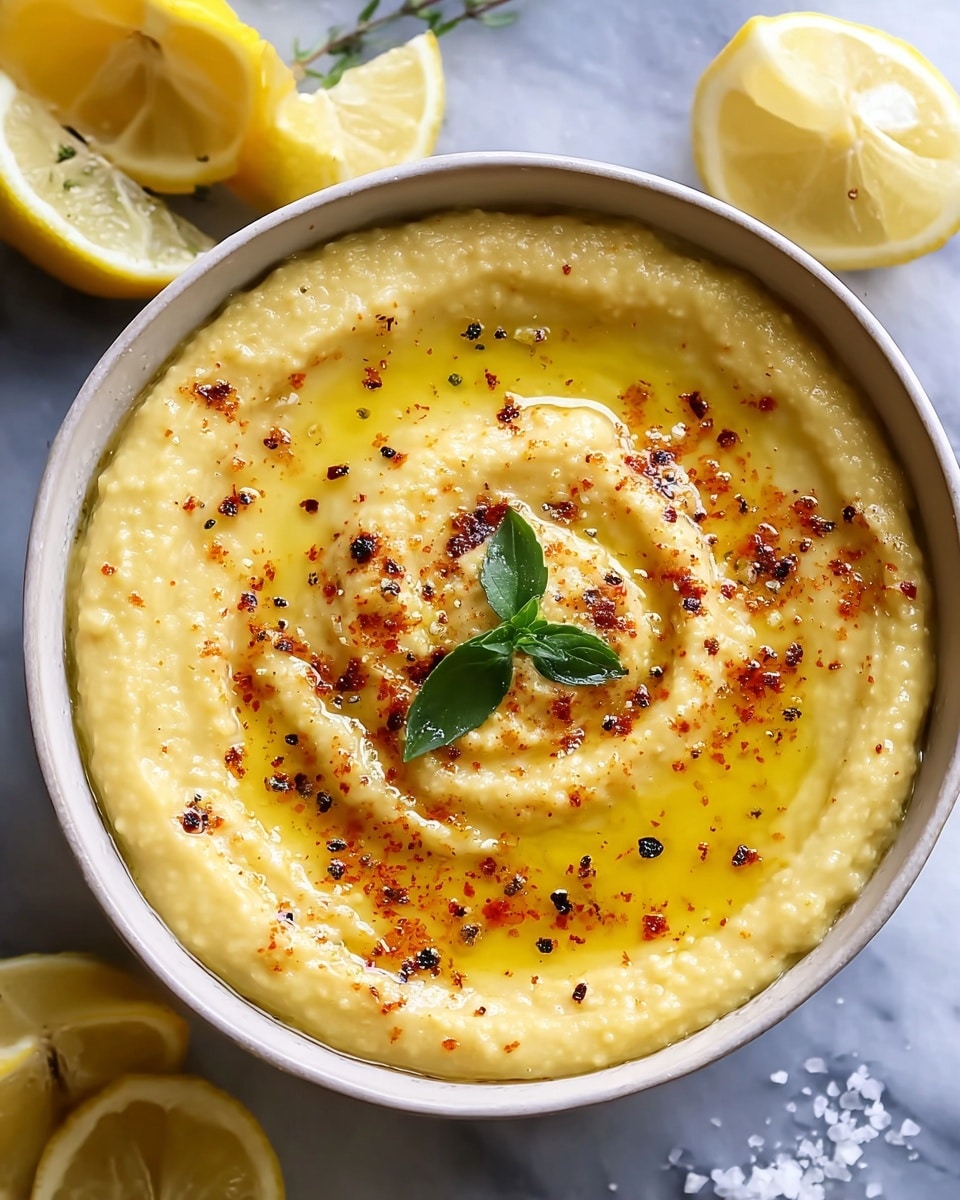 A bowl filled with smooth, light yellow hummus, with a swirl pattern on top showing a shiny layer of olive oil pooling in the center and around, sprinkled with reddish paprika and darker black pepper specks. At the very center, a small green herb leaf rests as a garnish. The bowl is white and placed on a white marbled surface, with halved lemons nearby adding a fresh yellow contrast. Small pieces of coarse salt are scattered slightly to the side. Photo taken with an iphone --ar 4:5 --v 7