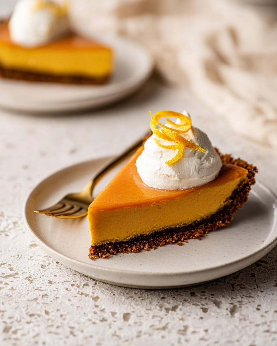 A slice of pumpkin pie with two distinct layers sits on a white plate; the bottom crust is dark brown and crumbly, the thick middle layer is bright orange and smooth, topped with a dollop of white whipped cream and two thin orange peel curls. The plate rests on a white marbled textured surface with a soft cream-colored cloth and gold fork placed nearby. Another similar slice is blurred in the background on a white plate. photo taken with an iphone --ar 4:5 --v 7