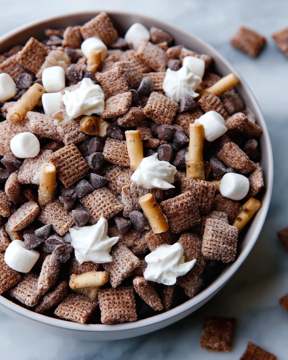 A close-up view of a white bowl filled with a dry snack mix of about three layers, starting with a base of square-shaped, brown cinnamon-flavored cereal pieces with a sugar dusting. Scattered throughout are small dark brown chocolate chips and tiny white marshmallows. The top layer adds light golden brown rolled wafer sticks and dollops of smooth, creamy white frosting dolloped unevenly over the cereal pieces. The bowl is set on a white marbled surface. photo taken with an iphone --ar 4:5 --v 7
