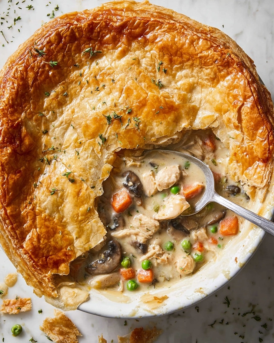 A white bowl holds a golden brown, flaky pie crust with small green herbs sprinkled on top. A large section of the crust is broken, revealing the creamy filling inside, which contains tender chunks of light brown chicken, bright orange carrot cubes, green peas, celery pieces, and dark brown mushroom slices in a thick sauce. A silver spoon rests in the filling, scooping some of the mixture. The bowl sits on a white marbled surface with some pie crust flakes and green herb pieces scattered around. photo taken with an iphone --ar 4:5 --v 7