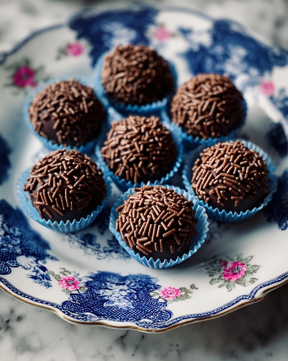 Seven round chocolate truffles covered in small, thin chocolate sprinkles sit on a white porcelain plate with blue and pink floral patterns. Each truffle is placed in a blue paper cup, tightly hugging their base and adding a soft texture contrast. The truffles are arranged closely together, filling most of the plate's surface. The plate rests on a white marbled texture. The image captures the shiny and smooth tops of the truffles, giving a fresh and rich look. photo taken with an iphone --ar 4:5 --v 7