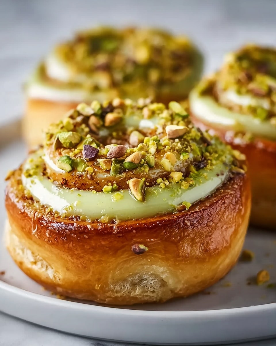 The image shows a close-up of a shiny, golden-brown cinnamon roll sitting on a white plate on a white marbled surface. The roll has three visible layers: the bottom layer is a thick, soft dough with a light brown crust; the middle layer is a creamy pale green glaze spread in a smooth ring just inside the top edge; and the top layer is a generous pile of chopped pistachios, adding a rough texture and green color contrast. The cinnamon rolls blur gently in the background, emphasizing the one in focus. Photo taken with an iphone --ar 4:5 --v 7