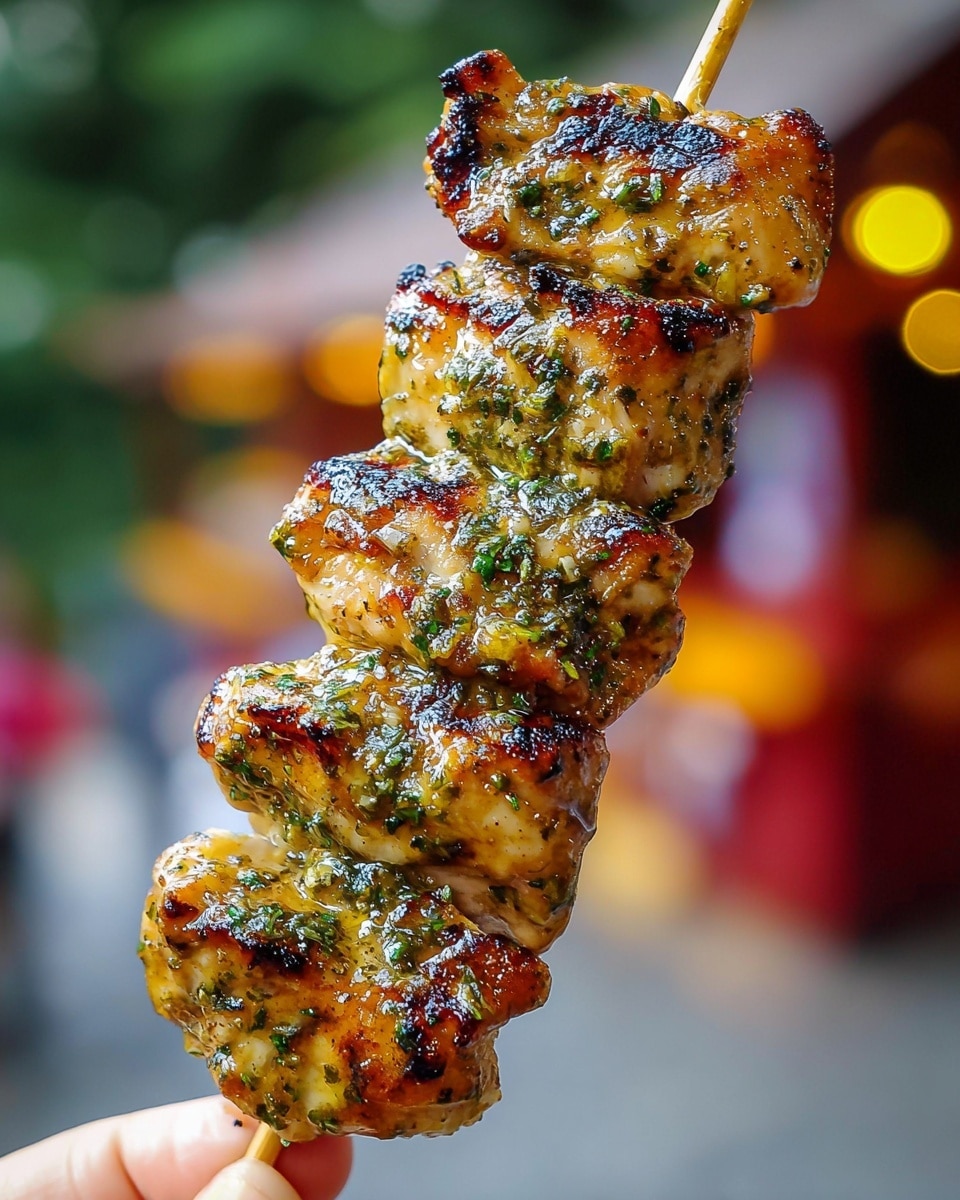 The image shows a skewer with five pieces of grilled chicken stacked vertically. Each piece has a golden brown color with visible char marks and is coated in herbs and a shiny glaze, making them look juicy and flavorful. The herbs are green and spread evenly across the chicken pieces. The skewer is held by a woman's hand at the bottom left, with a blurred outdoor background featuring soft bokeh lights and colors. The focus is sharp on the chicken, highlighting its texture and glistening sauce. photo taken with an iphone --ar 4:5 --v 7