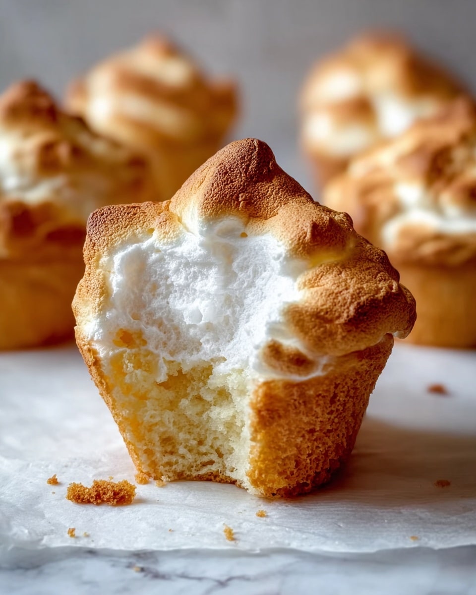 The image shows a close-up of a light brown, fluffy meringue cupcake with a rough, slightly cracked top layer that has a golden-brown toasted texture. The inside reveals a soft, white, airy, and spongy interior that looks moist and delicate. Around the main cupcake, several similar meringue cupcakes are blurred in the background on a white marbled surface covered with white parchment paper, with some crumbs scattered near the front cupcake. photo taken with an iphone --ar 4:5 --v 7