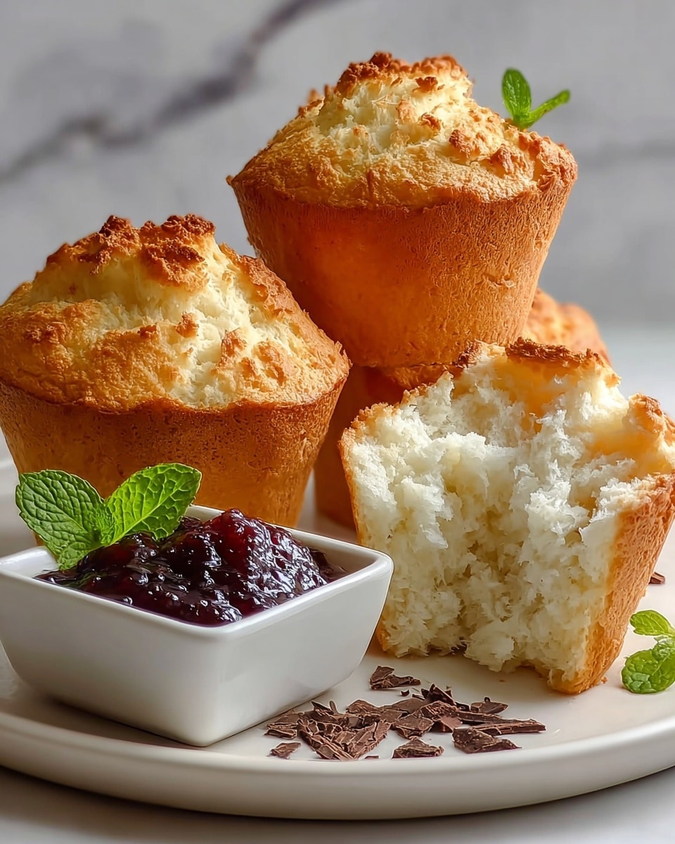 The image shows three tall, golden-brown muffins with a rough textured top, placed on a white plate. One muffin is broken open in front, revealing a soft, white, airy inside with a crumbly texture. Next to the broken muffin is a small white square dish filled with dark red berry jam, topped with fresh green mint leaves. Near the jam are small dark chocolate shavings scattered on the plate. The background features a white marbled texture, enhancing the warm and fresh look of the muffins. Photo taken with an iphone --ar 4:5 --v 7