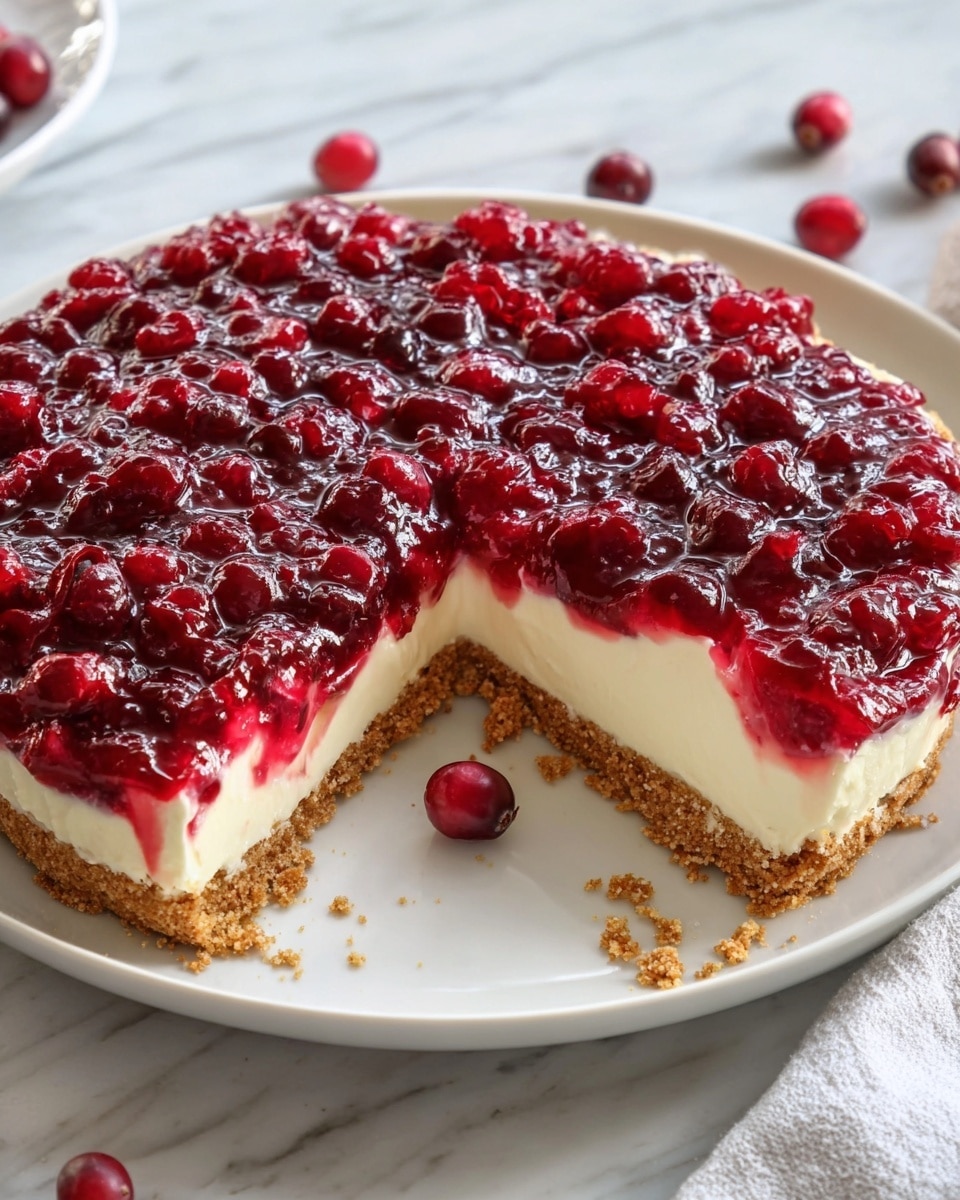 The image shows a pie with three visible layers placed on a white plate on a white marbled surface. The bottom layer is a light brown crumbly crust with a rough texture and slightly uneven edges. Above this is a smooth, creamy white layer that looks soft and thick. The top layer is made of shiny, bright red cranberries mixed with a darker red, glossy jelly, covering the entire surface of the pie. The pie has a missing slice revealing all the layers clearly. A few loose cranberries and a white cloth are visible near the plate. Photo taken with an iphone --ar 4:5 --v 7