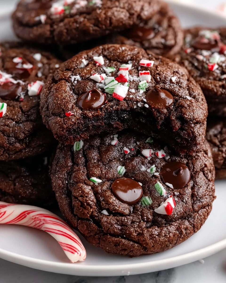 The image shows a white rectangular tray filled with dark brown chocolate cookies. Each cookie is round, thick, and soft-looking, topped with dark chocolate chips and small pieces of white and red crushed peppermint candy, giving a speckled red and white pattern on top. One cookie near the front has a bite taken out, revealing a moist, dense interior. The tray rests on a white marbled surface scattered with crushed peppermint bits and a few chocolate chips. To the right of the tray, there is a small white bowl filled with crushed peppermint, and a red and white striped candy cane lies on the surface below the tray. A beige textured cloth is partly visible on the left side of the tray. The scene is bright and clean with a cozy holiday vibe. photo taken with an iphone --ar 4:5 --v 7