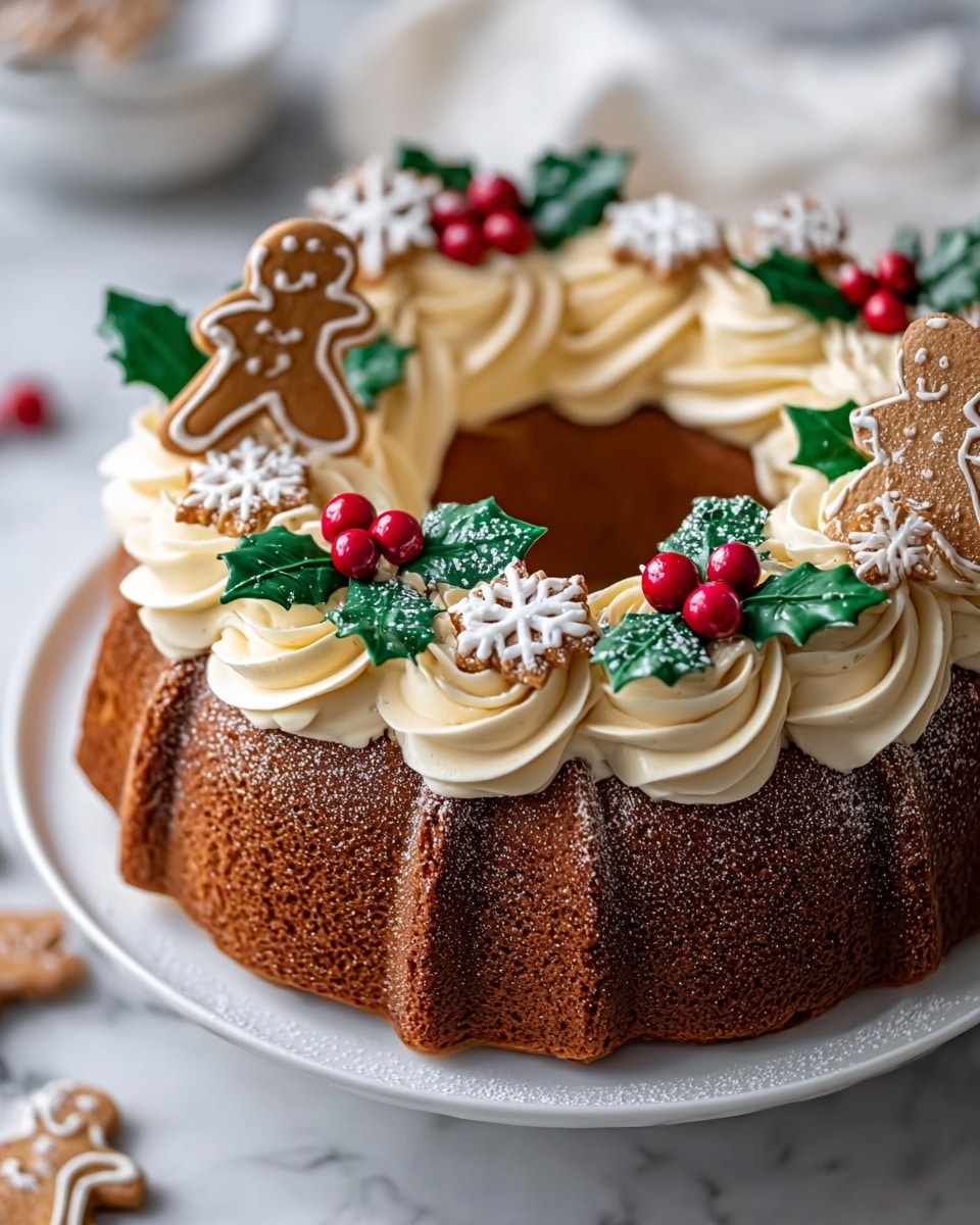 A round brown bundt cake sits on a white plate over a white marbled texture. The cake has a smooth, thick layer of light cream-colored frosting shaped into large rosettes evenly spaced along the top edge. Small gingerbread cookies decorated with white icing snowflakes are placed between the rosettes. Bright green holly leaves with clusters of shiny red berries are also inserted around the top, adding a festive touch. The surface of the cake is lightly dusted with powdered sugar. Photo taken with an iphone --ar 4:5 --v 7