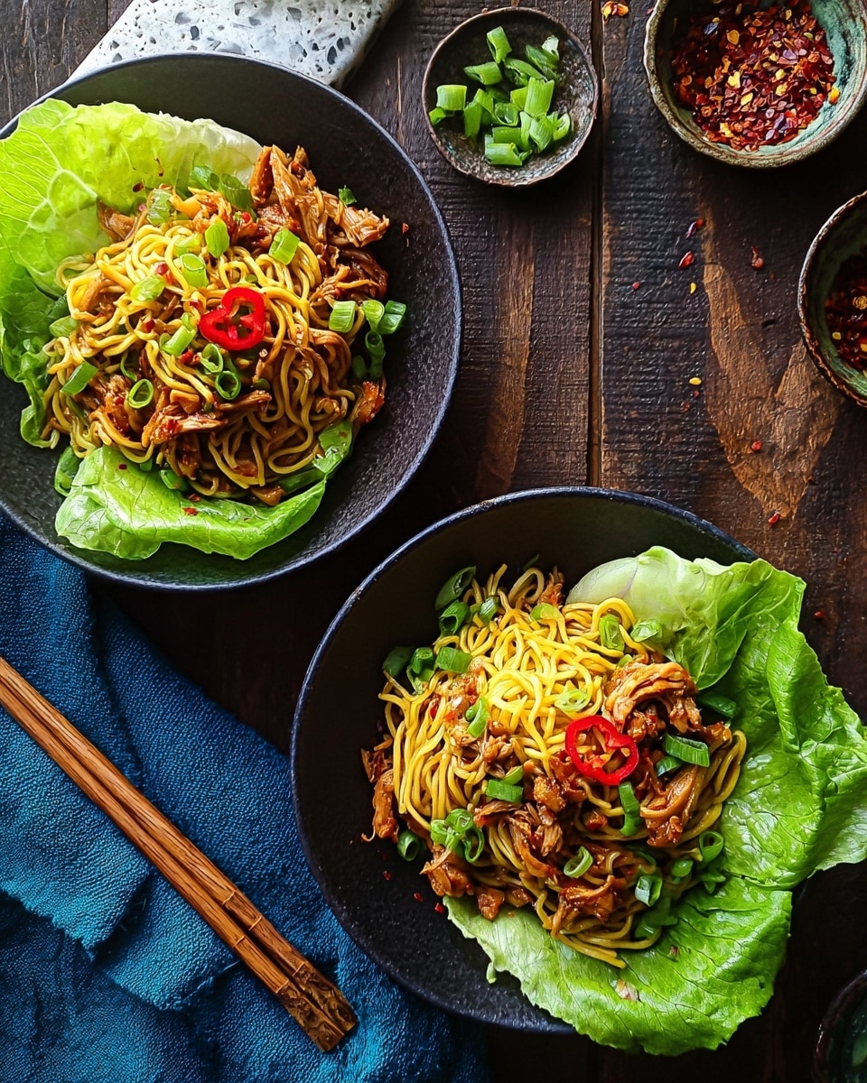 The image shows two dark bowls each holding a single large green lettuce leaf as the base. On top of each leaf is a layer of yellow cooked noodles mixed with brown shredded chicken pieces. Red chili slices and green chopped scallions are scattered over the noodles and chicken, adding bright spots of color. The bowls are placed on a dark wooden surface with some small bowls holding red chili flakes visible around them. A pair of wooden chopsticks lies diagonally nearby on a white marbled texture, along with a folded blue cloth. The lighting highlights the fresh textures and colors of the dish, making it look vibrant and appetizing. photo taken with an iphone --ar 4:5 --v 7
