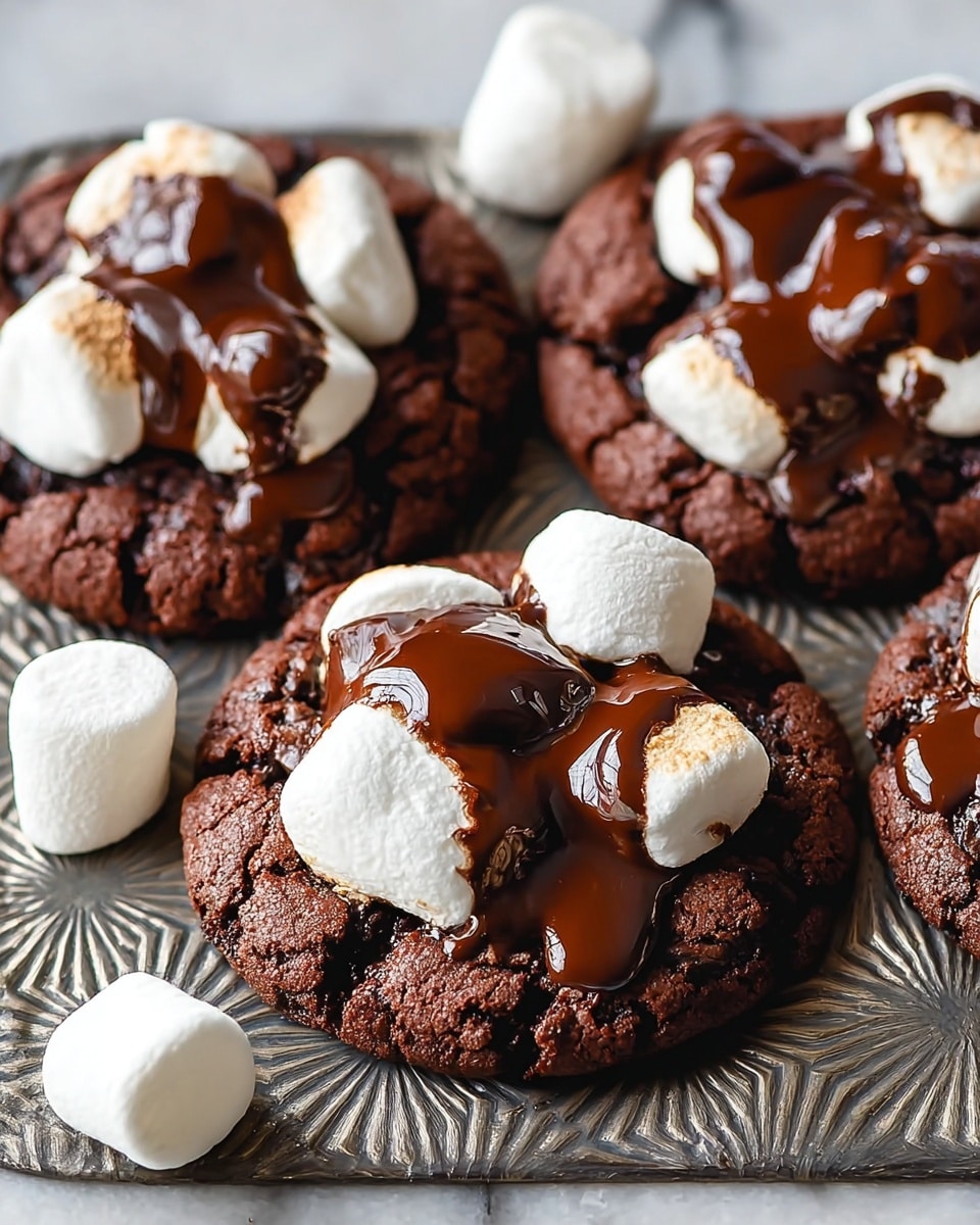 The image shows five soft, round chocolate cookies arranged closely on a textured surface with a white marbled texture. Each cookie has a rich dark brown base and is topped with a thick layer of melted dark chocolate, which is glossy and smooth. On top of the chocolate are several large, puffy white marshmallows that look slightly toasted and soft. Scattered across the cookies are small, crushed pieces of white and red peppermint candy, adding a crunchy texture and festive color contrast. Around the cookies, there are whole white marshmallows and red-and-white striped candy canes placed loosely, enhancing the holiday feel. photo taken with an iphone --ar 4:5 --v 7