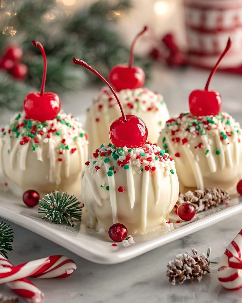 The image shows four round white truffle balls arranged on a white square plate, each topped with a shiny red cherry with a short stem. The truffle balls are coated in smooth white chocolate with delicate white chocolate drizzle running down the sides. The tops of the truffles are sprinkled with red, green, and white small candy pieces, resembling festive sprinkles. Around the plate, there are red and white striped candy canes and green pine sprigs with tiny pine cones, all set against a white marbled surface with soft lighting. photo taken with an iphone --ar 4:5 --v 7
