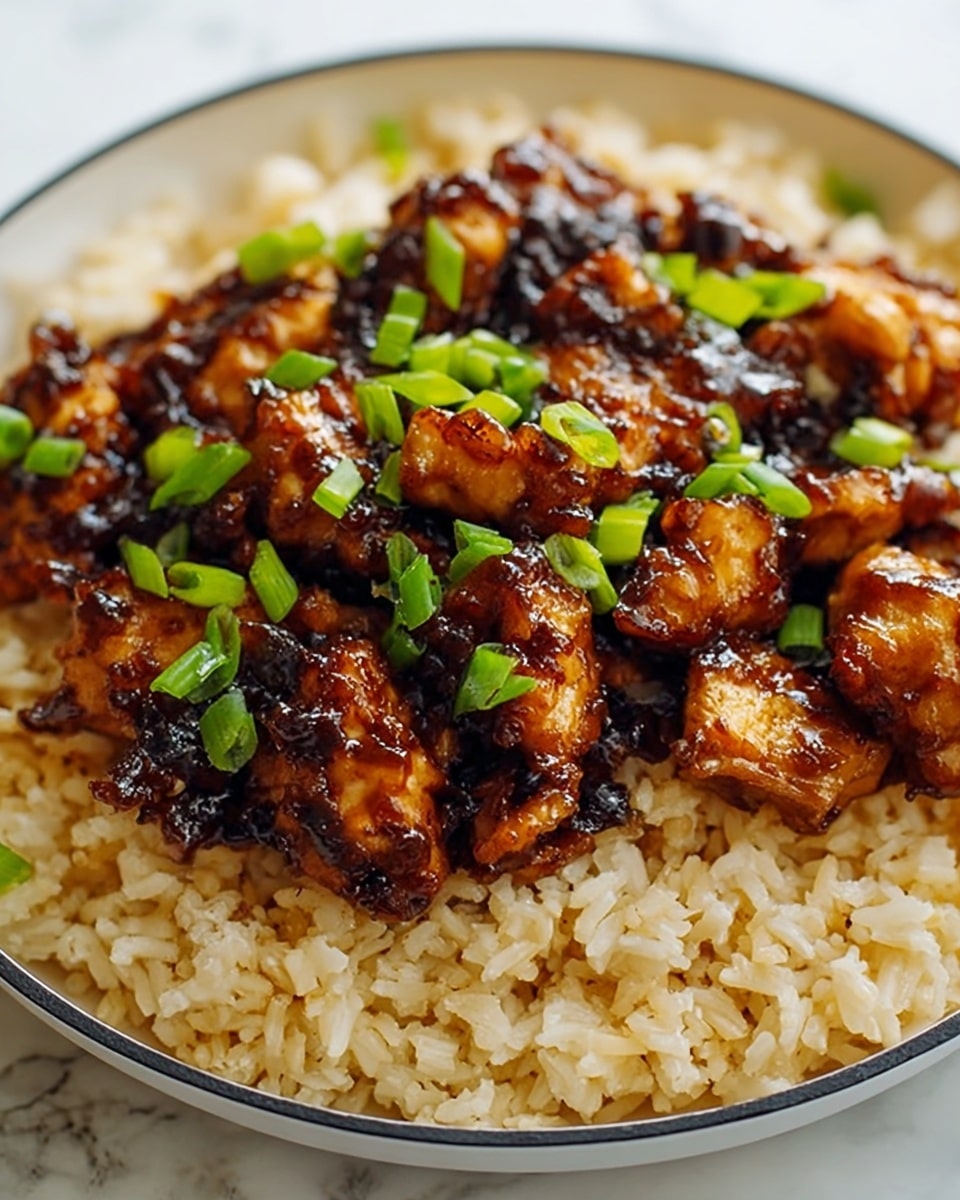 The image shows a close-up of a dish with two main layers on a white plate set on a white marbled texture. The bottom layer is a bed of cooked rice, which looks soft and sticky with pale beige and light brown shades, showing individual grains with a slightly shiny surface. On top of the rice is a layer of chicken pieces, coated in a thick, glossy dark brown sauce with some black charred spots, making them look caramelized and shiny. Small bright green chopped scallions are sprinkled over the chicken, adding a fresh color contrast. Photo taken with an iphone --ar 4:5 --v 7