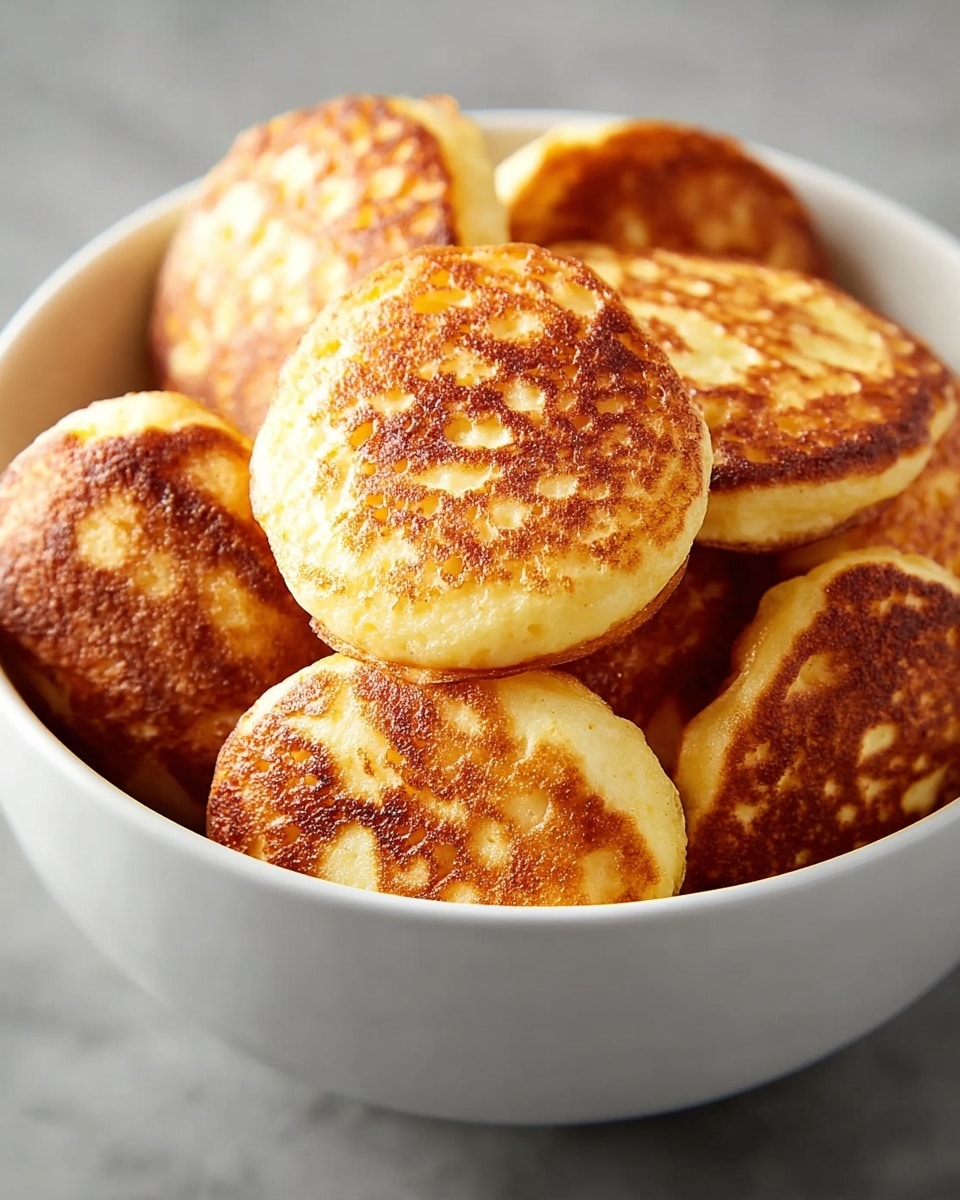 A white bowl is filled with round, golden-brown cheese pancakes, each about two layers thick with a soft, light yellow interior and a crispy, richly browned exterior. The pancakes are stacked casually, showing their slightly uneven, homemade texture with small air pockets and a glossy, toasted surface. The bowl sits on a white marbled texture surface, highlighting the warm tones of the pancakes. Photo taken with an iphone --ar 4:5 --v 7
