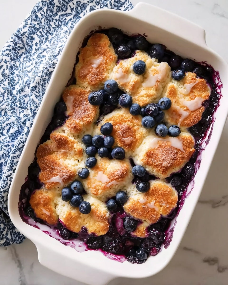A white rectangular baking dish holds a freshly baked blueberry cobbler with a golden-brown, unevenly risen top layer made of biscuit-like dough. This top layer has a rough, slightly cracked texture with patches of soft, pale biscuit color mixed with areas of brushed sugar glaze. Scattered generously on and around the biscuits are whole, plump blueberries and some areas where blueberries have burst, releasing deep purple juice that has seeped between the biscuit pieces, creating rich dark purple pools and streaks. The edges of the dish show baked blueberry juice slightly caramelized onto the white ceramic. The dish is set on a white marbled surface with a blue and white patterned cloth towel partially visible. Photo taken with an iphone --ar 4:5 --v 7