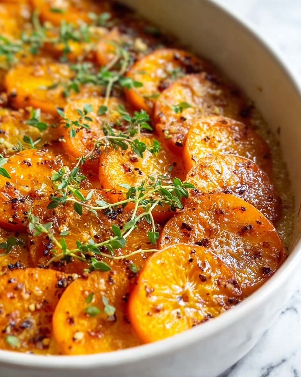 The dish shows multiple layers of thin, round orange slices arranged closely in an overlapping pattern inside a white bowl. The orange slices are slightly browned on top, giving them a crispy texture with speckles of black pepper and seasoning scattered evenly across the surface. Small sprigs of fresh green herbs are spread sparsely on top, adding a pop of green color. The glowing, greasy texture on the orange slices hints at a baked or roasted preparation. The background is a white marbled texture. photo taken with an iphone --ar 4:5 --v 7