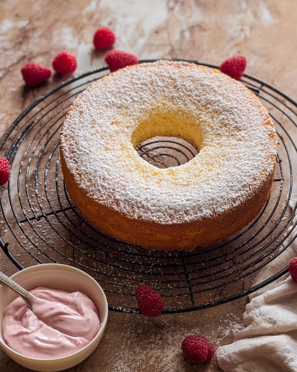 A round, single-layer ring cake with a golden-brown crust and a lighter yellow inside is placed on a black cooling rack. The cake has a light dusting of white powdered sugar on top, giving it a soft, powdery texture. Around the cake, there are a few red raspberries scattered on a white marbled surface. At the bottom left corner, there is a white bowl filled with pink, creamy raspberry sauce next to a small silver spoon. The overall setting is simple and warm with natural lighting. Photo taken with an iphone --ar 4:5 --v 7