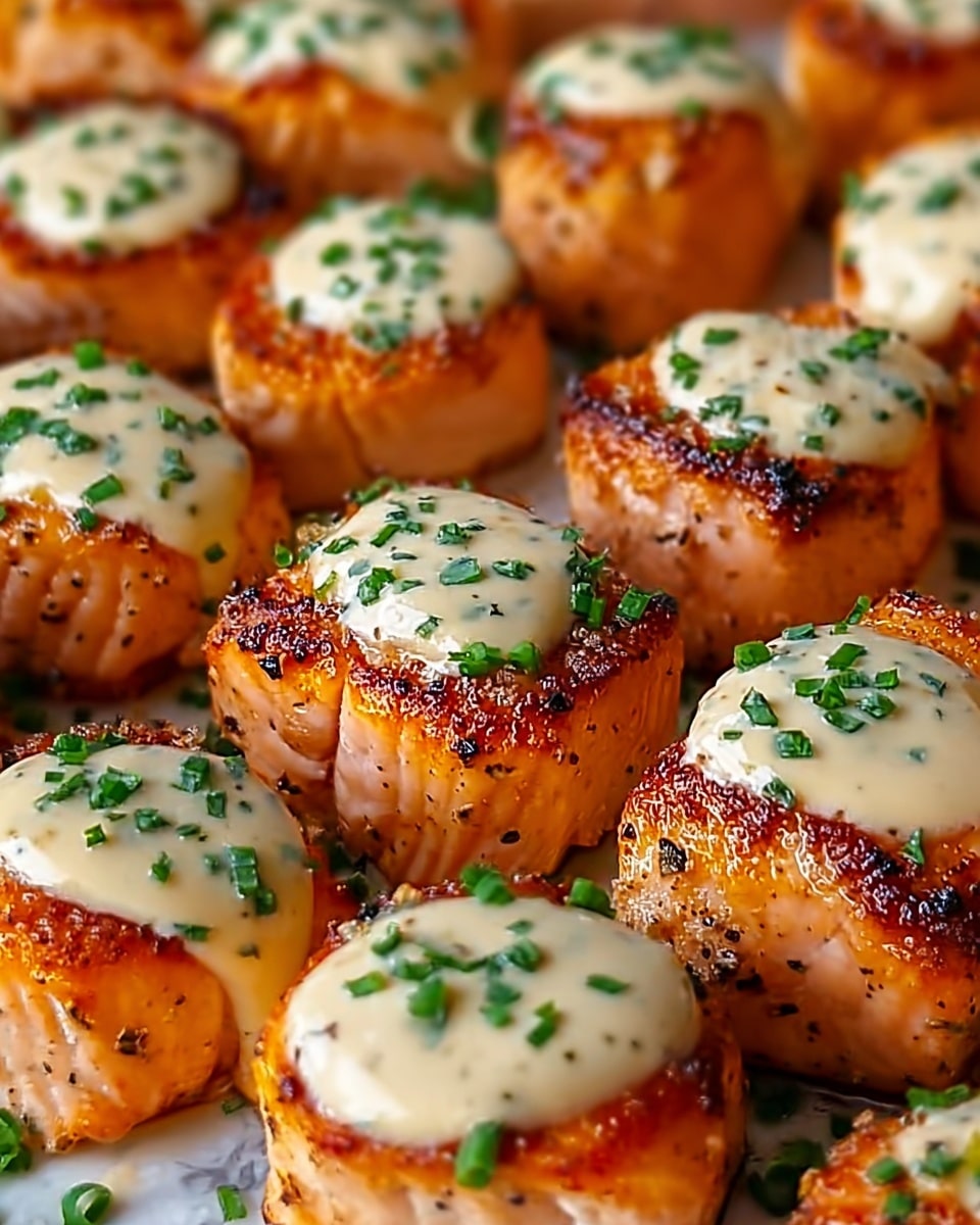 The image shows many small, round pieces of cooked salmon, each with a crispy, browned outer layer and a tender, pink inside. On top of each piece is a dollop of creamy, light beige sauce sprinkled with small green chopped herbs. The salmon pieces are closely packed, filling the entire frame. The background is a white marbled texture. photo taken with an iphone --ar 4:5 --v 7